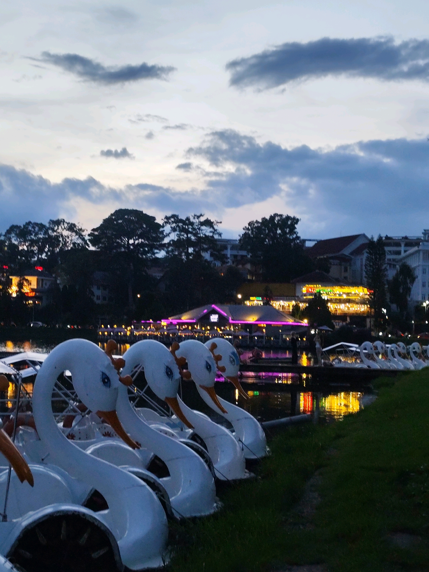 The image depicts a waterfront scene at dusk in Da Lat, Vietnam, likely Xuan Huong Lake, a popular tourist destination. In the foreground, a row of white pedal boats shaped like swans are lined up on the shore, their necks gracefully curved. The boats are illuminated by ambient light, and some have orange-tipped beaks and blue-painted eyes. Beyond the boats, a tranquil body of water reflects the lights from buildings on the opposite shore. These buildings, set against a backdrop of dark trees and a cloudy twilight sky, are brightly lit with a mix of yellow, orange, and pink hues, suggesting commercial establishments such as restaurants or cafes. The overall atmosphere is serene and picturesque, capturing the evening charm of the city.