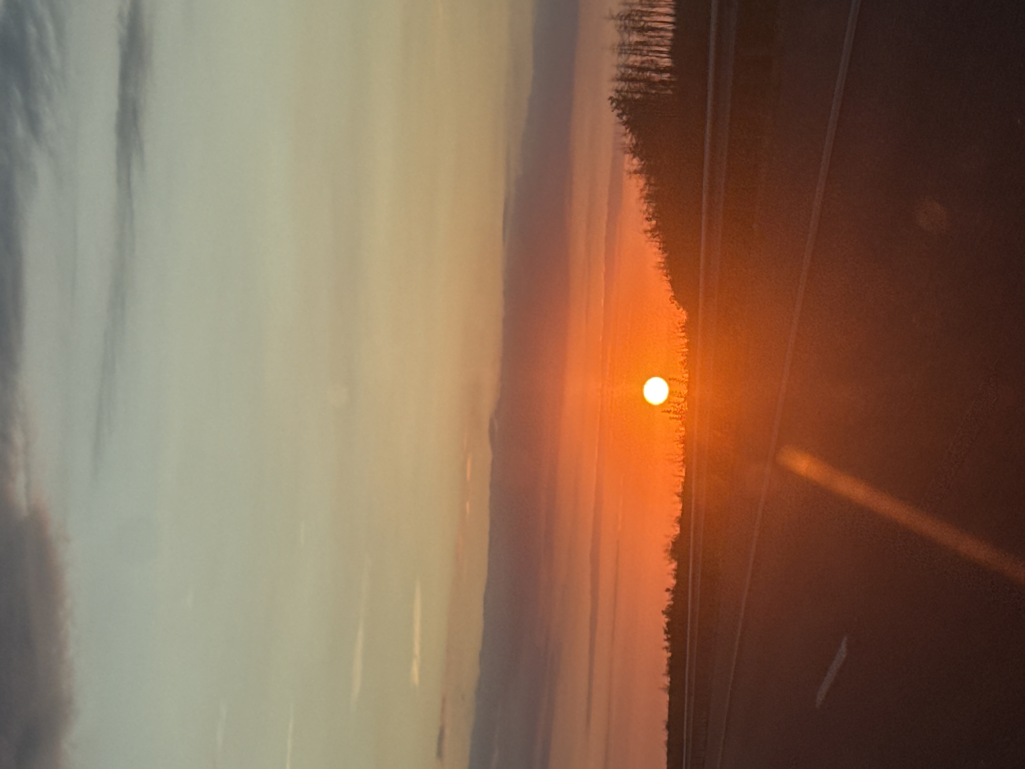 The image shows a sunset over a road in Rupkite, Bulgaria. The sun is a bright orange orb just above the horizon, casting a warm glow over the landscape. The sky is a gradient of colors, from pale blue at the top to fiery orange and pink near the sun. Silhouetted trees line the horizon, forming a dark fringe against the colorful sky. A paved road stretches across the foreground, with a white line marking the lane. A guardrail runs along the side of the road, separating it from the trees. The overall impression is one of peaceful solitude and natural beauty.