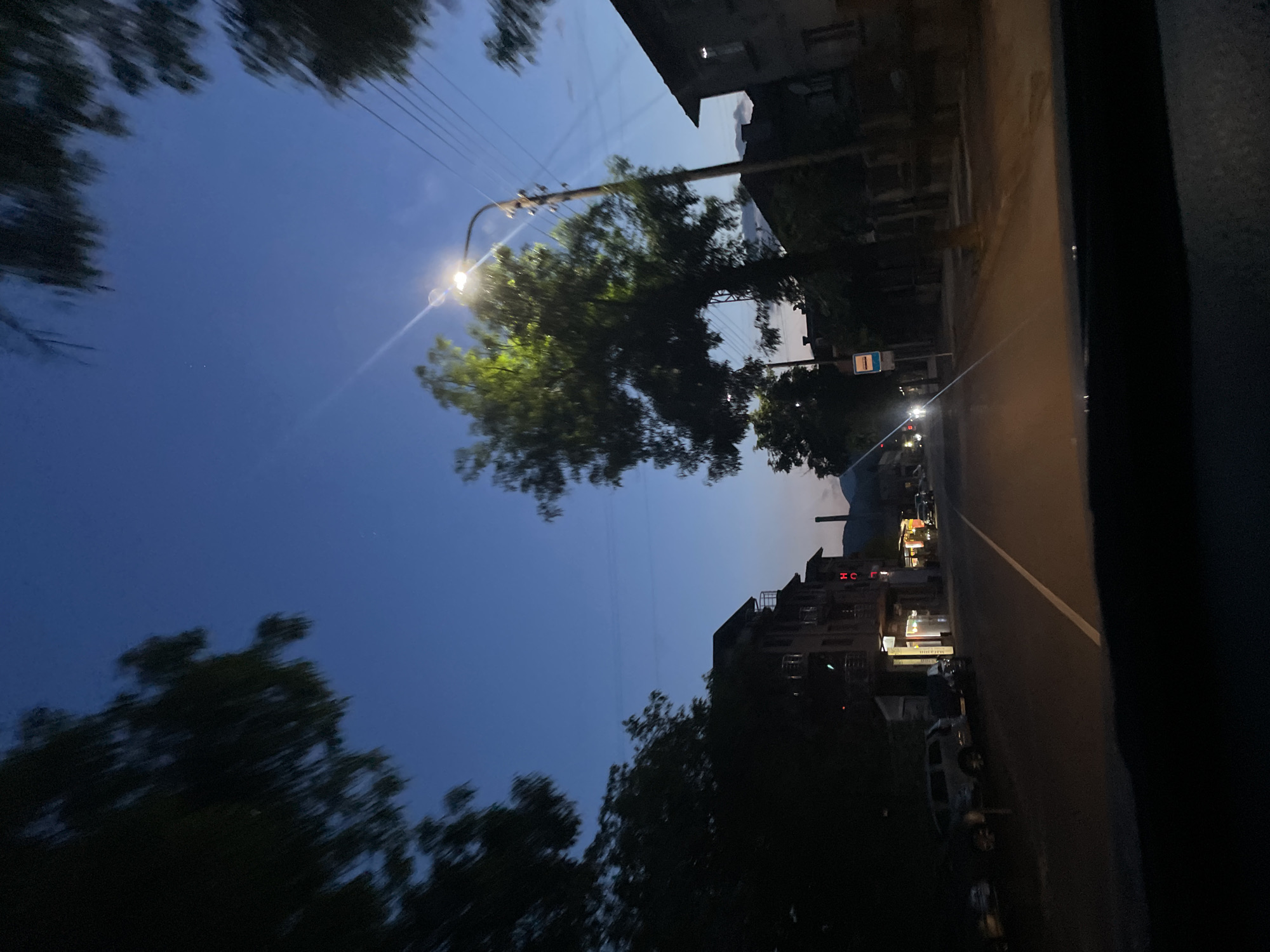 The image shows a street scene in Zlatograd, Bulgaria, at dusk or night. The perspective is from a moving vehicle, looking towards a road lined with buildings. On the left, trees are visible against a blue and slightly overcast sky. A street light illuminates a tree. A road is visible on the right with a faint white line. Buildings are on both sides of the street, some with illuminated storefronts and signs. Parked cars are visible along the road. In the distance, the silhouette of a mountain is visible. A hotel sign is apparent, with a red “HO” visible. The overall atmosphere is urban and lit with artificial light sources.