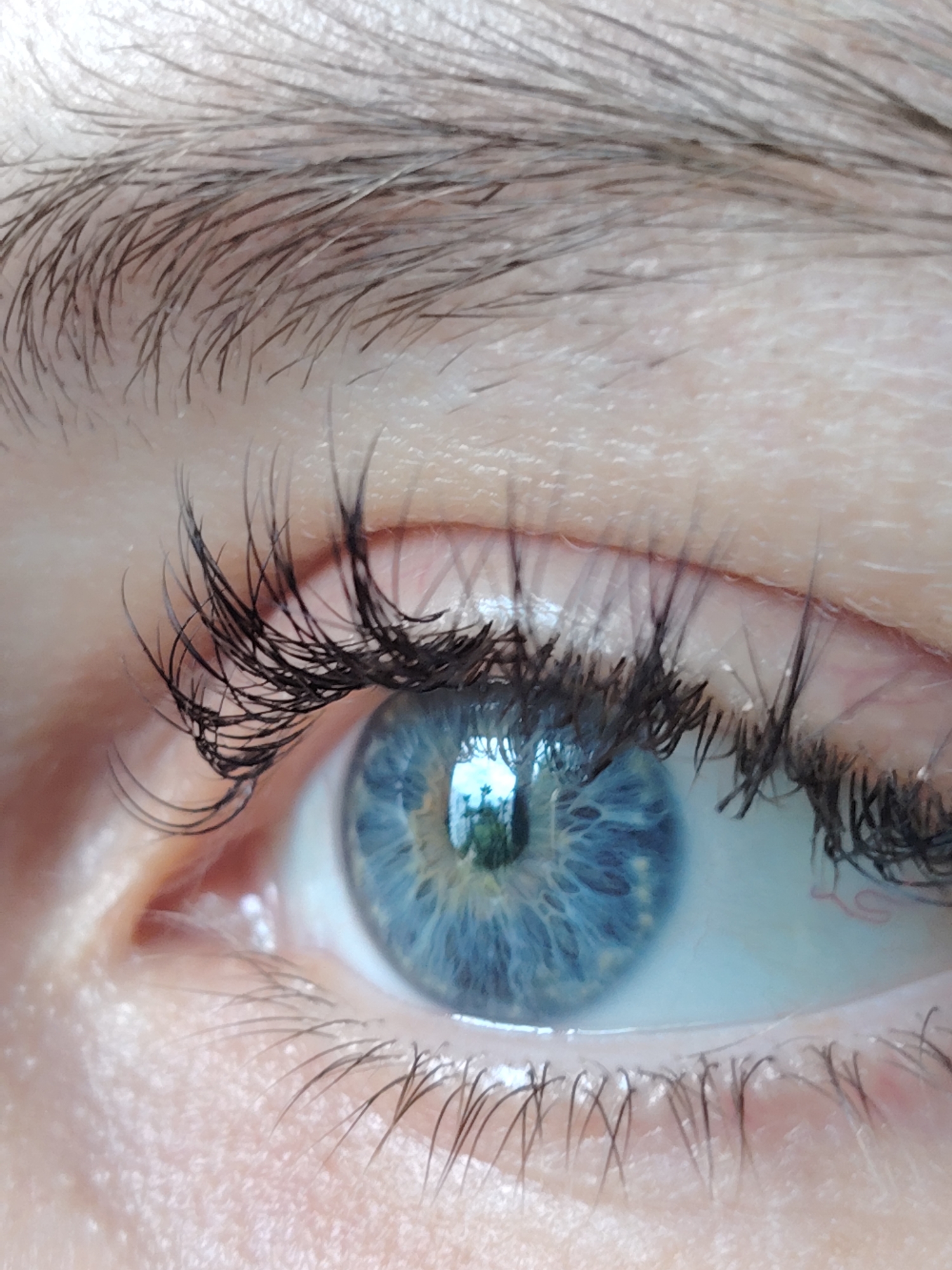 This is a close-up, macro photograph of a human eye. The eye is a striking blue color with intricate patterns in the iris, including lighter blue and yellow accents. The eyelashes are long and dark, appearing to be enhanced. The eyebrow, visible at the top of the image, is also dark and appears to be styled. The surrounding skin is fair with visible pores and fine hairs. There are no discernible elements of a city or environment, including Chaikovsky, Russia, present in the image.