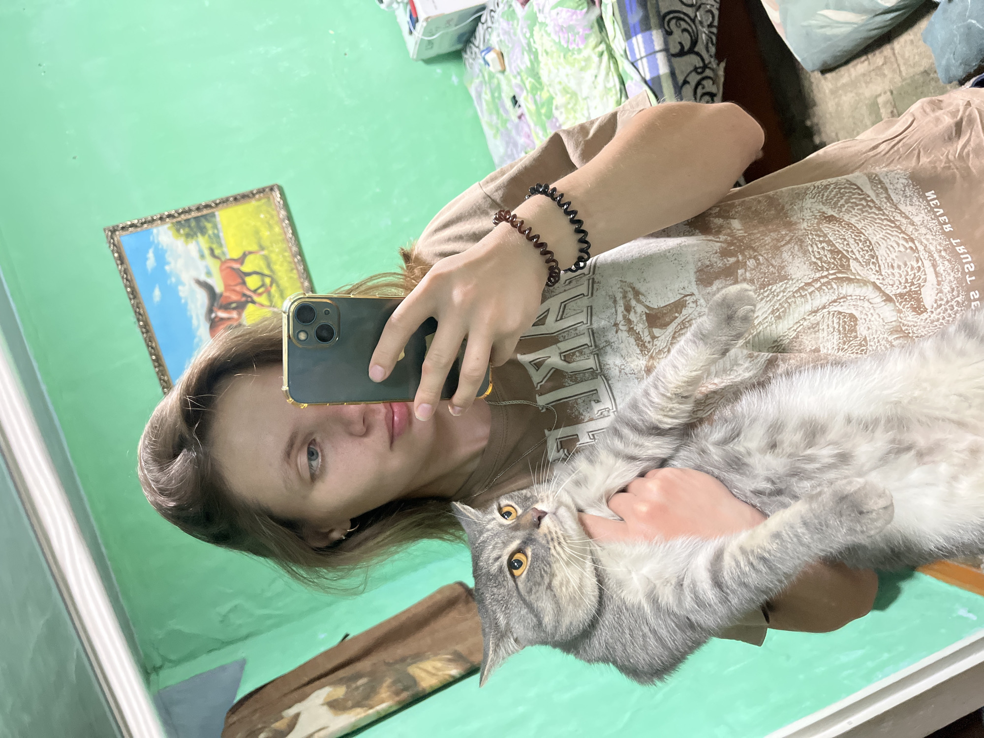 The media file shows a person taking a mirror selfie in what appears to be a bedroom. The person is holding a gray and white cat. The background is a light green wall with a framed picture of a horse and a field. There are also some blankets or fabric visible in the background. The person is wearing a brown t-shirt with a graphic print. There are two coiled bracelets on the person's wrist. The cat has yellow eyes and is looking towards the camera. The overall mood of the image is casual and relaxed. The location is identified as Nizhny Tagil, Russia.