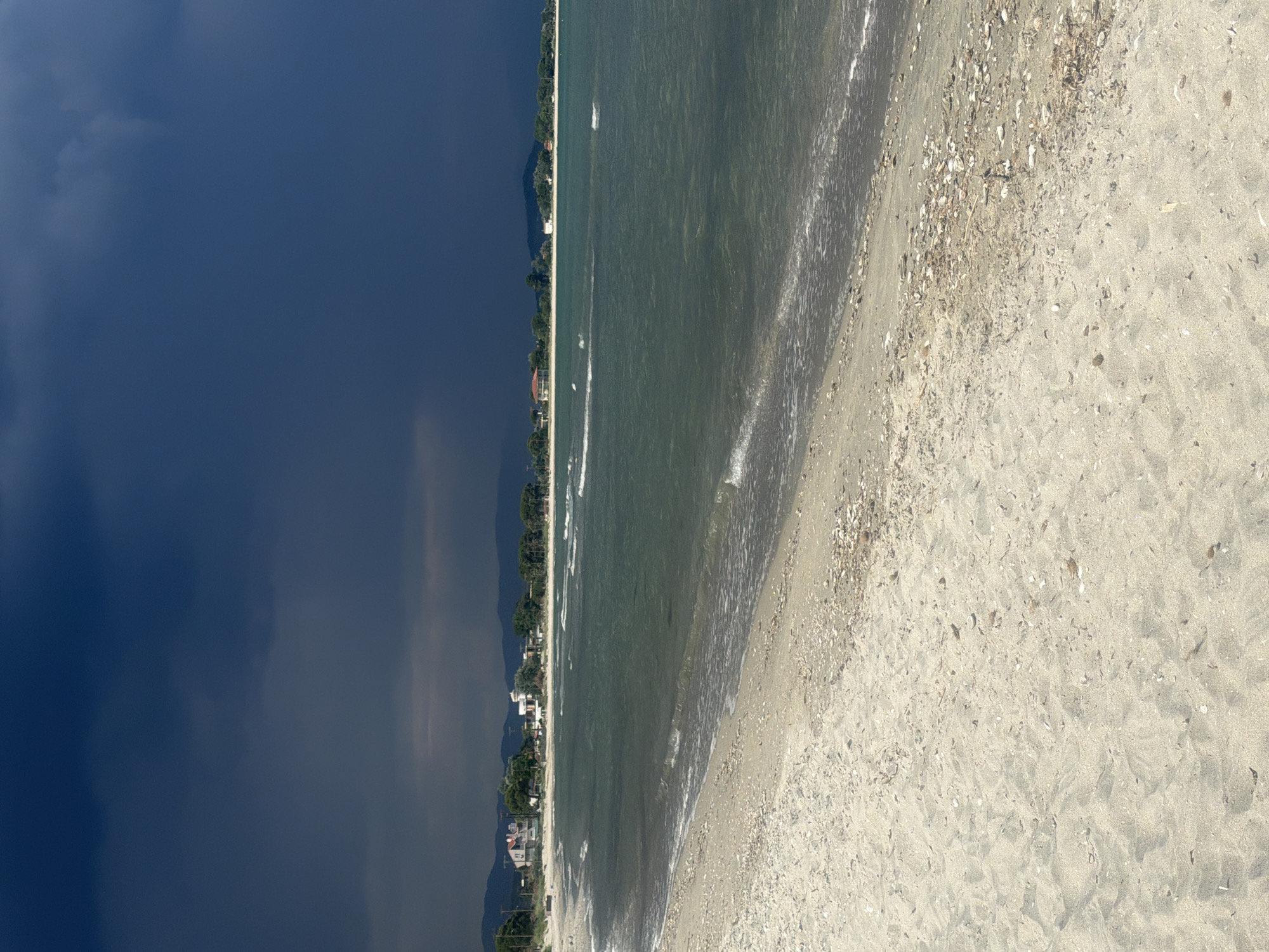 The image captures a coastal scene from Mandra, Greece. The foreground shows a sandy beach littered with shells and debris. Gentle waves are breaking on the shore, creating a textured waterline. Beyond the beach, a strip of green trees and buildings, likely houses and small structures, line the coast. The water is a murky green, with a visible horizon line stretching across the frame.
To the left of the image, a dramatic contrast is presented by a dark, stormy sky, suggesting a brewing storm or heavy cloud cover. This dark sky looms over the otherwise bright and serene coastal area. The juxtaposition of the dark clouds and the bright beach and sea creates a sense of visual tension.
The image appears to be taken during daylight hours, as indicated by the lighting on the beach and the water. The weather is mixed, with clear skies over the sea and dark, possibly rain-filled clouds on the horizon. No people or specific objects are distinctly visible beyond the natural elements and the buildings. The scene evokes a feeling of nature's power and the transition of weather conditions at the seaside. There is no visible text in the image.