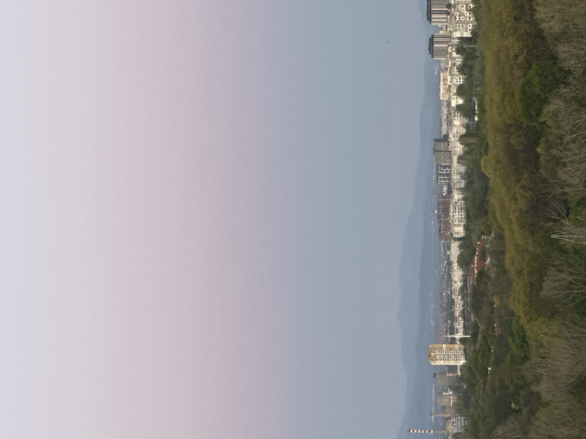 The image shows a view of Sofia, Bulgaria, from a high vantage point. The sky is a pale gradient of pink and blue. A line of buildings, interspersed with green trees, forms a vertical strip on the right side. The buildings are of varying heights and architectural styles, ranging from low-rise to high-rise structures. The buildings are located along the foothills of Vitosha mountain. Further to the right are bare trees, possibly due to winter or early spring. A mountain range is faintly visible in the background between the sky and buildings. A tall smoke stack can be seen in the lower portion of the image.