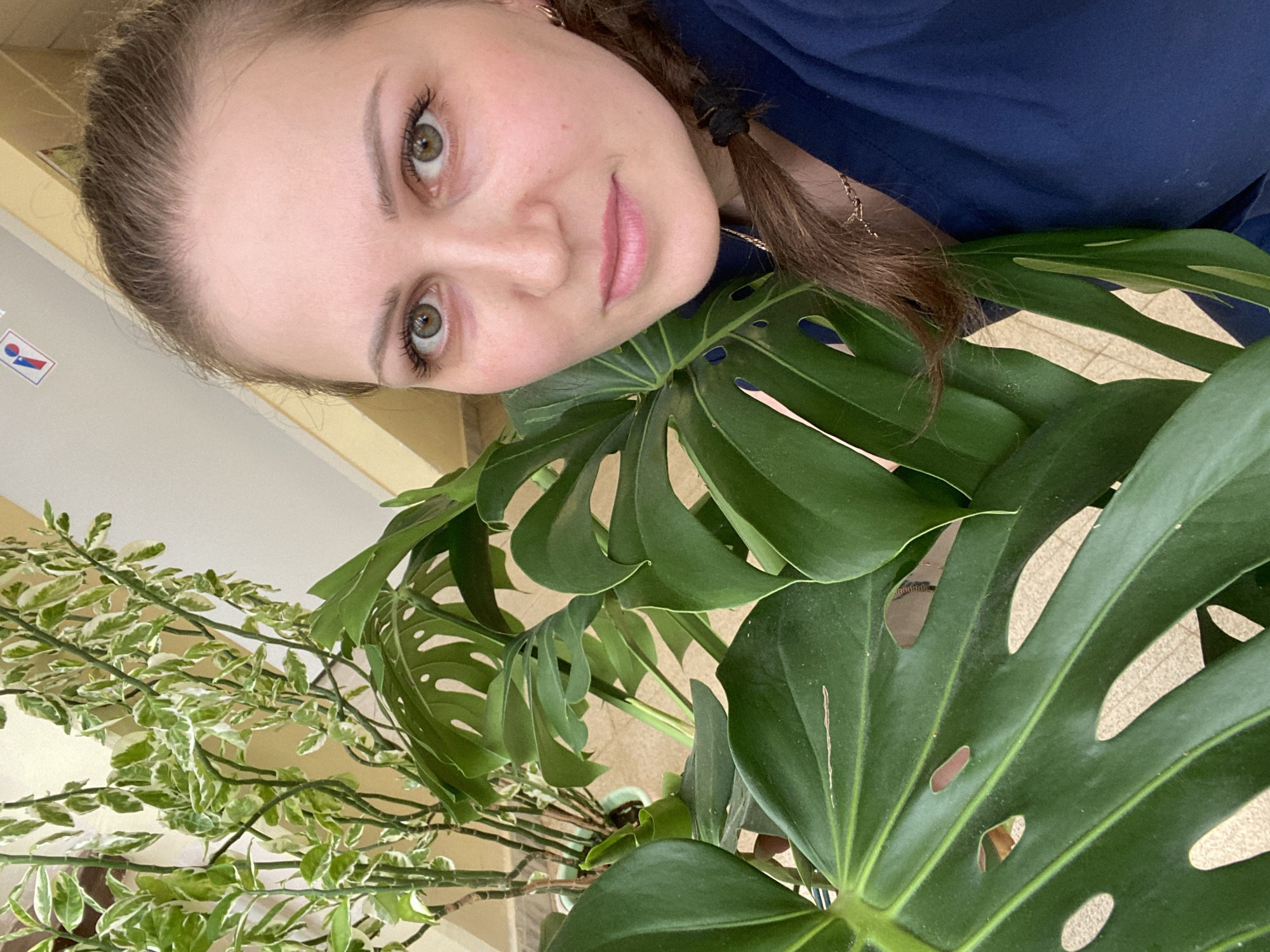 A woman with light skin and light brown hair in two braids is positioned to the upper left of the frame, looking at the camera. She is wearing a dark blue shirt. Her face is close to the camera, and she is resting her cheek on a large Monstera plant leaf. The Monstera plant fills much of the lower and right portion of the image. There is another plant with green and white leaves to the left of the Monstera. The background is a light yellow wall with a sign partially visible in the upper left. The floor has a beige tile pattern. There is no explicit information on the location in the city of Марковский, Russia.