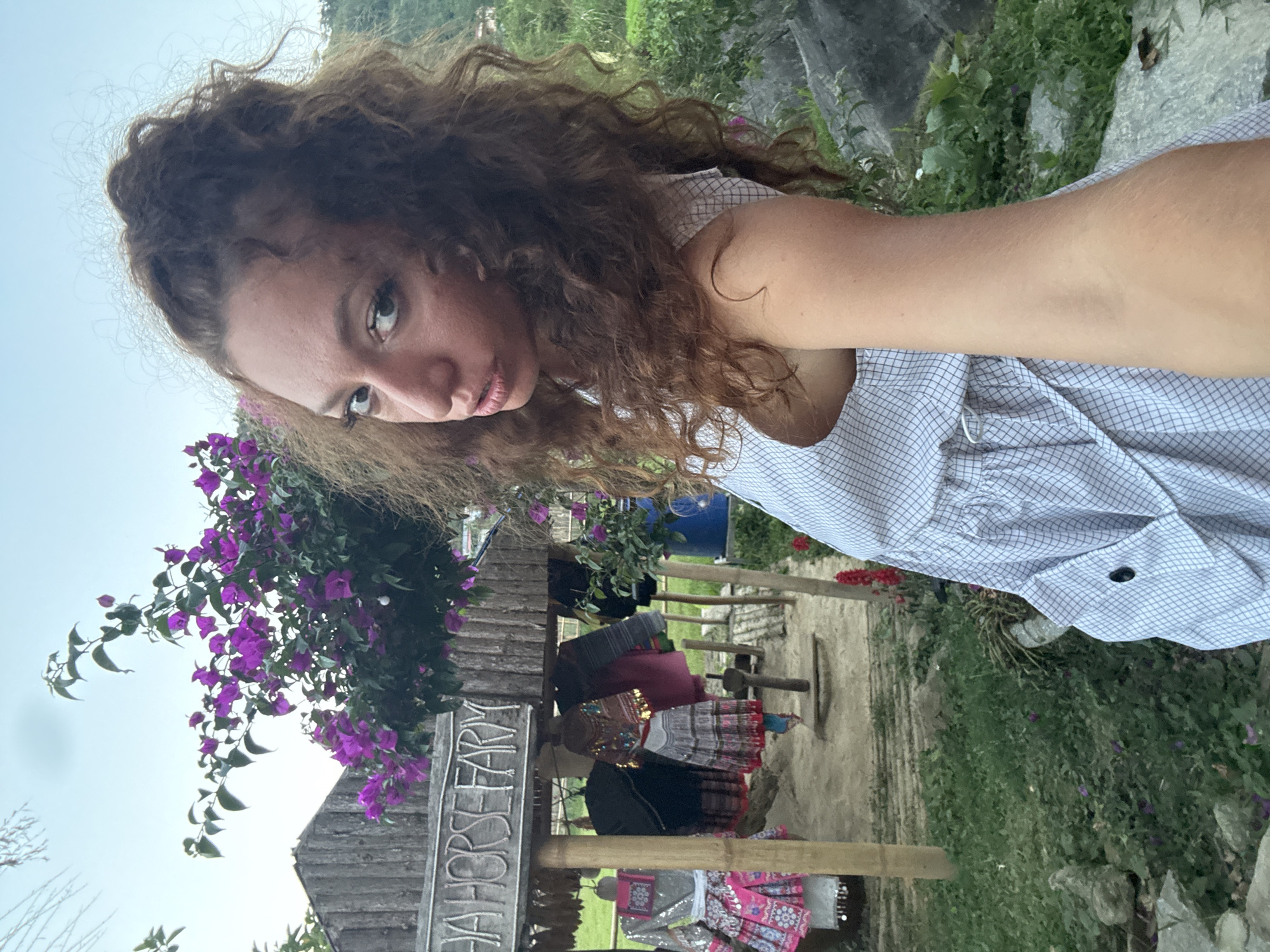 A medium eye-level outdoor selfie portrays a woman with light skin and curly brown hair looking at the camera. She is wearing a light-colored, grid-patterned collared shirt. In the background, there's a scene including a weathered wooden structure with the words "HA HORSE FARM" visible. Purple flowers decorate the structure. Beyond the structure, there's a path leading further into the scene, bordered by greenery and stone elements. Ethnic textiles hang from the structure. The location is identified as Bắc Hà, Vietnam.