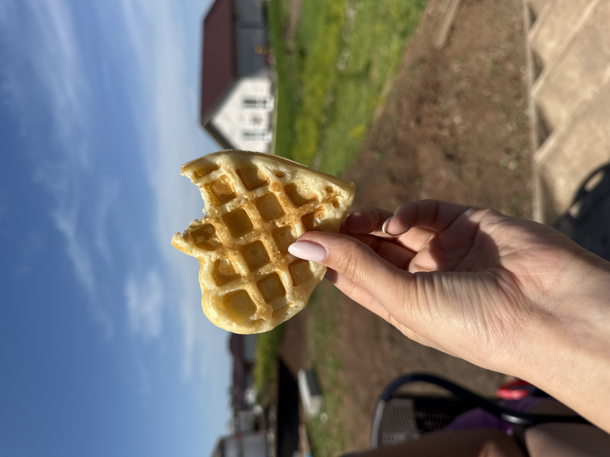 A person is holding a partially eaten waffle in their right hand. The waffle has a grid pattern and a bite taken out of the top left corner. The person has pale skin and neatly manicured fingernails with light pink polish. The background is out of focus and includes a blue sky with light clouds, green grass, and a white house with a red roof. A brown area is also visible, possibly a patio or bare ground. The location is Лобаново, Russia.