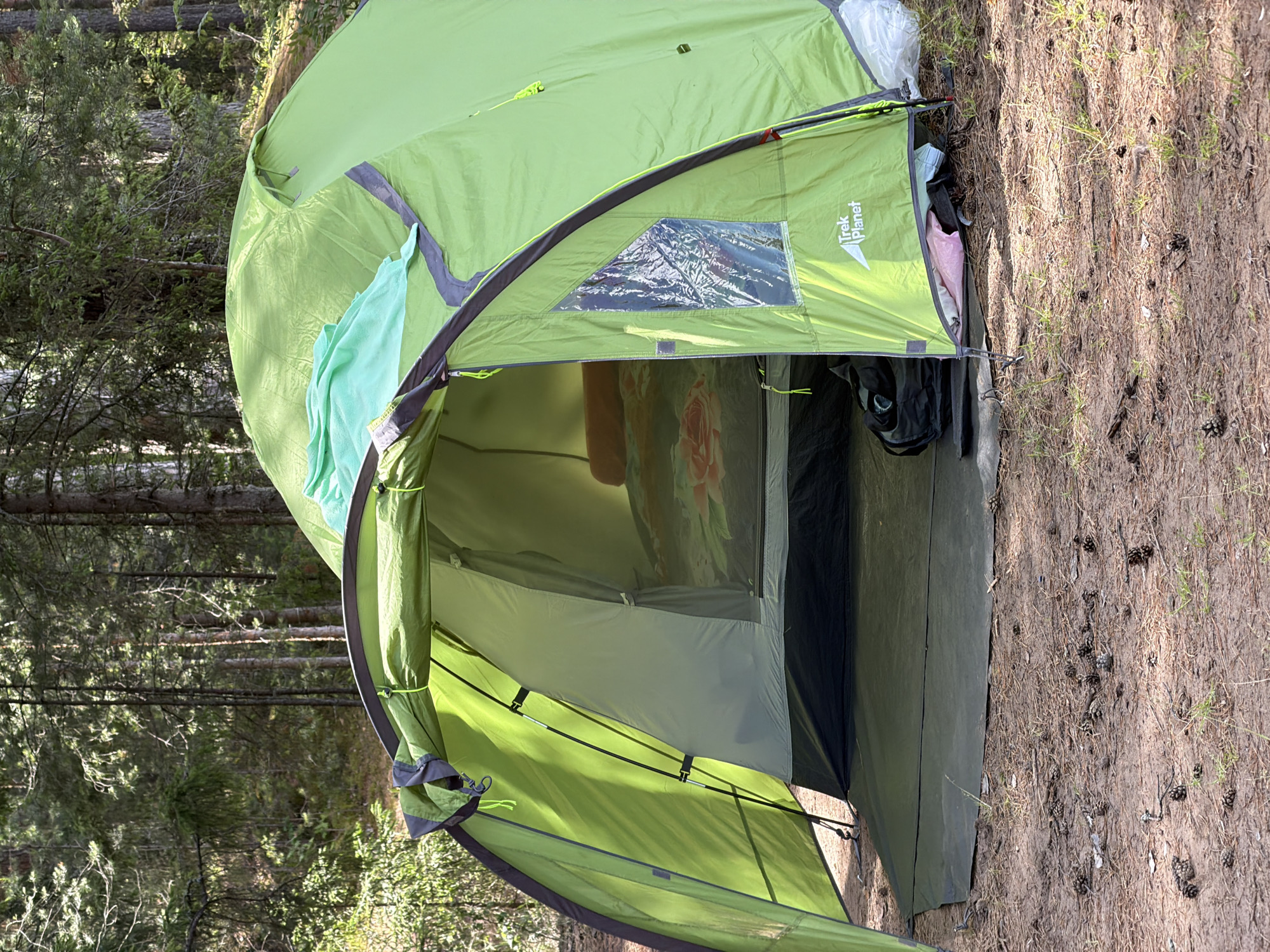 The image shows a green tent set up in a forest. The tent is open, revealing a sleeping bag and a pillow inside. There is a tarp laid out in front of the tent, and a bag of camping gear is leaning against the side of the tent. The ground is covered with pine needles and pine cones. The trees in the background are tall and green. The image appears to have been taken during the day, with sunlight filtering through the trees. There are no people visible in the image. The scene is consistent with a campsite in a forest. The location in the city of Chaikovsky, Russia, is not evident from the image itself.