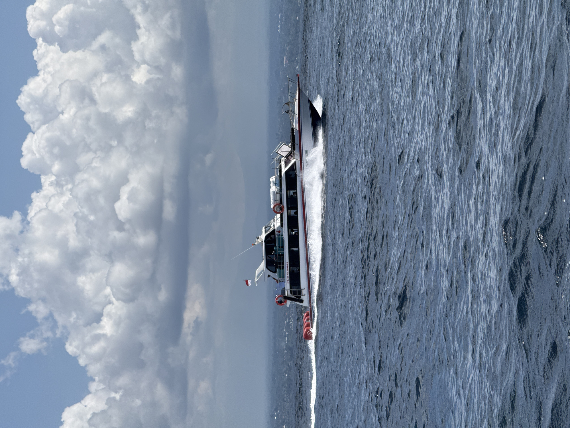 A ferry travels on water near Unknown, Indonesia. The ferry is white with a black top, and it is producing a wake. The water is choppy and blue. In the background, there is land, a gray sky, and a large cloud formation.