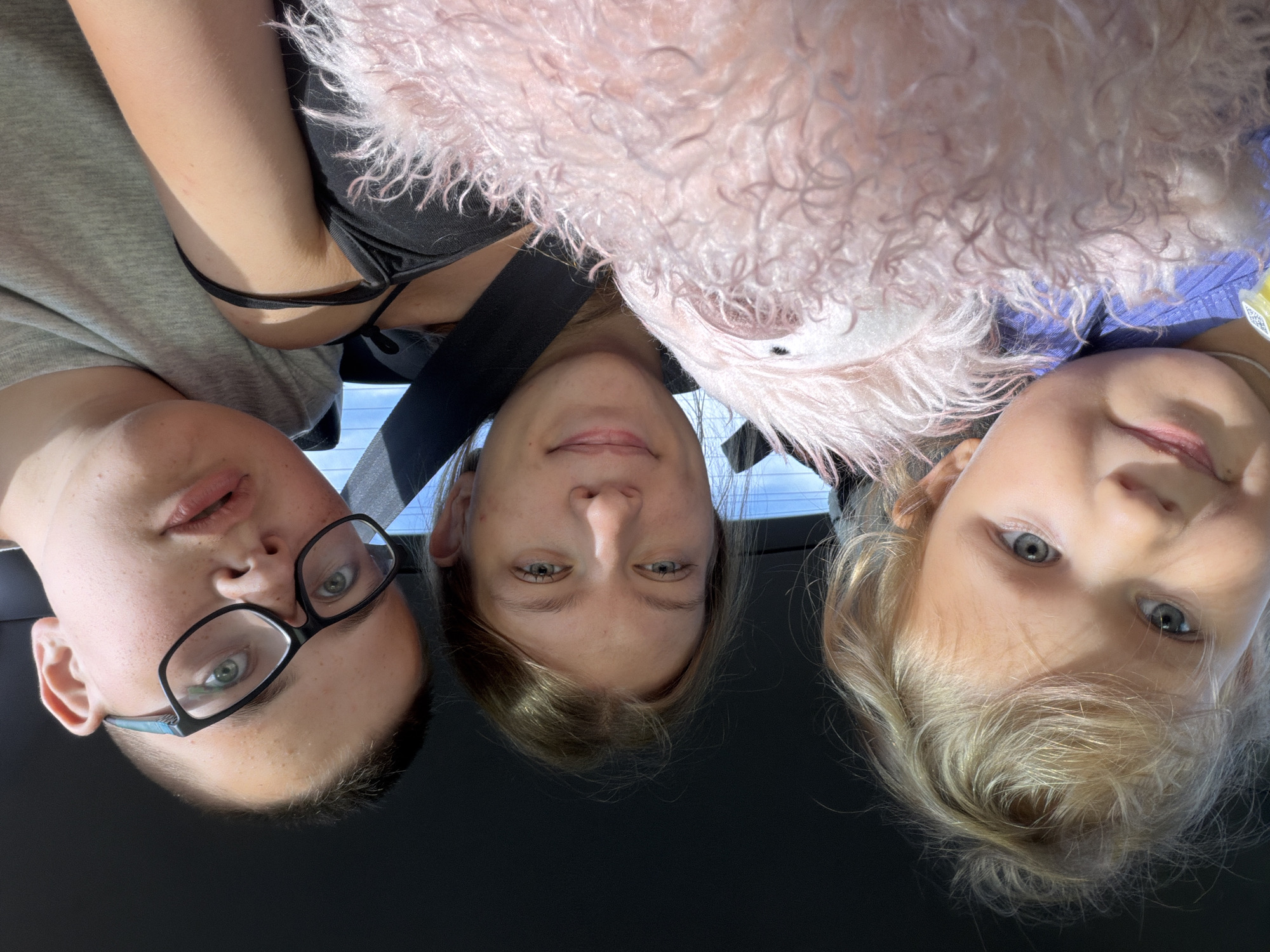 Three individuals, two children and one teenager, are in the front seats of a vehicle. The child on the left, a girl with blonde hair and blue eyes, holds a large pink fluffy stuffed animal. In the center, a teenage girl with blonde hair and blue eyes smiles at the camera. To the right, a boy with short brown hair and glasses looks towards the camera with a slightly surprised expression. They are all wearing casual clothing, and seatbelts are visible. The background shows the interior of the car, including a dark headliner and a window reflecting sunlight. The scene appears to be a selfie taken in a car, likely during a car ride in Novoe Mavrino, Russia.
