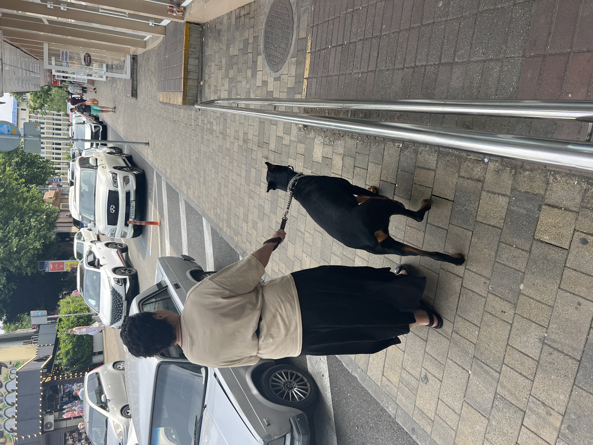 A woman is walking a Doberman Pinscher on a leash down a paved sidewalk in Sochi, Russia. The woman is wearing a tan t-shirt and a long black skirt, and the dog is black and tan. They are walking past several parked cars and a building with storefronts. The sun is shining, and the sky is blue. The scene appears to be a commercial or residential street.