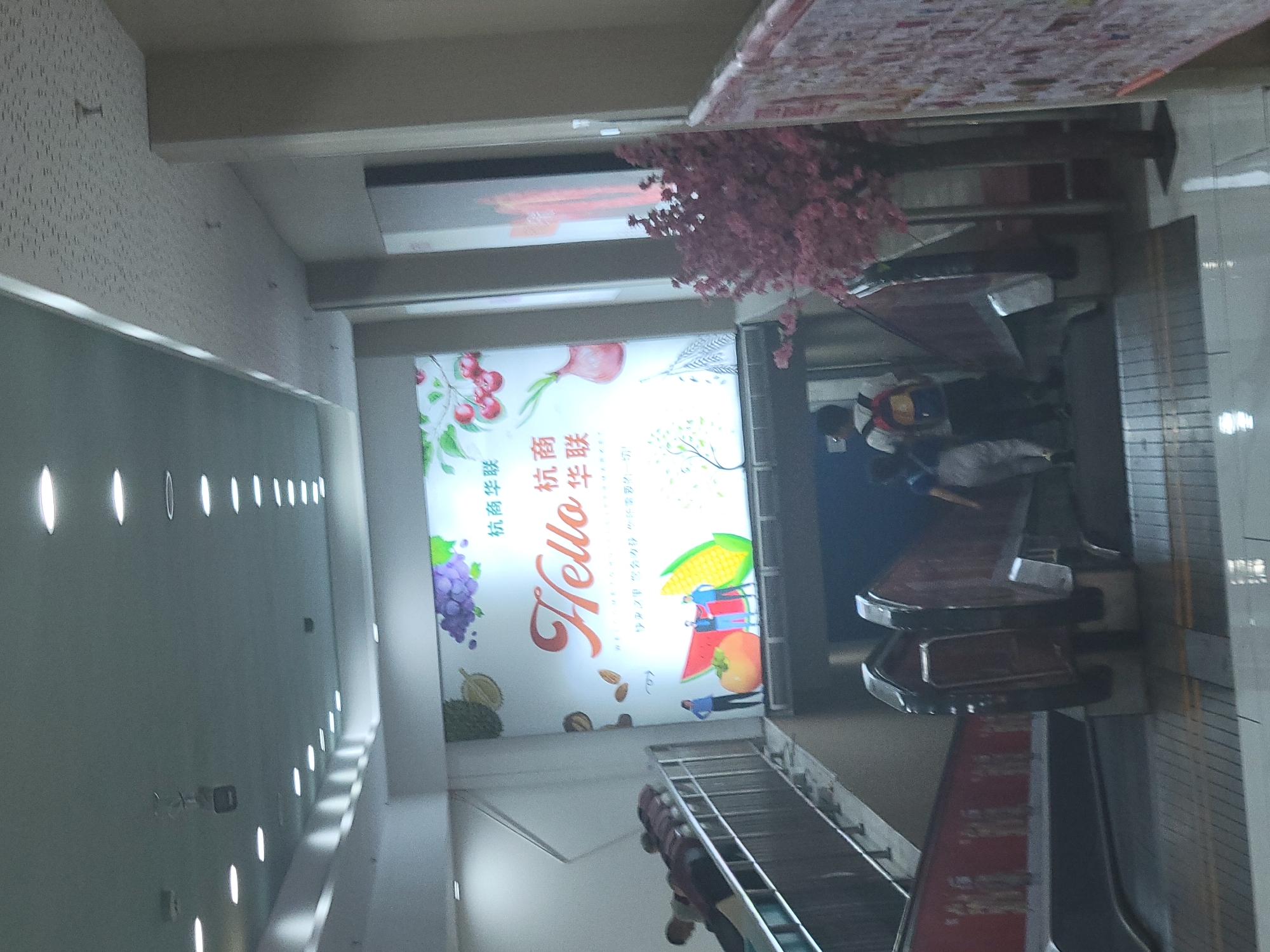 Here is a detailed description of the image:
**Location:** The image appears to be taken inside a shopping mall or commercial center in the Shapingba District of China. This is inferred from the Chinese text "杭商华联" (Hangshang Hualian), which is a common name for commercial enterprises in China.
**Subjects and Objects:**
* **Escalators:** An escalator is prominently visible, indicating a multi-level structure. The escalator has a red section and a grey section.
* **Signage:** A large sign with the word "Hello" and Chinese text (Hangshang Hualian) in a decorative font is seen. The sign also contains illustrations of fruits and vegetables. The sign likely identifies the name and type of business.
* **Lighting:** A wall with recessed lighting fixtures is present, creating a line of light down the wall.
* **False Blossom Tree:** An artificial pink blossom tree hangs from the ceiling
* **People:** There are a few people in the scene
* **Chairs:** There are chairs near the escalator
**Environment:** The environment appears to be well-lit, clean, and modern. The space is enclosed, with architectural elements of a shopping mall.
**Actions/Interactions:** People are near and around the escalators and walking on them.