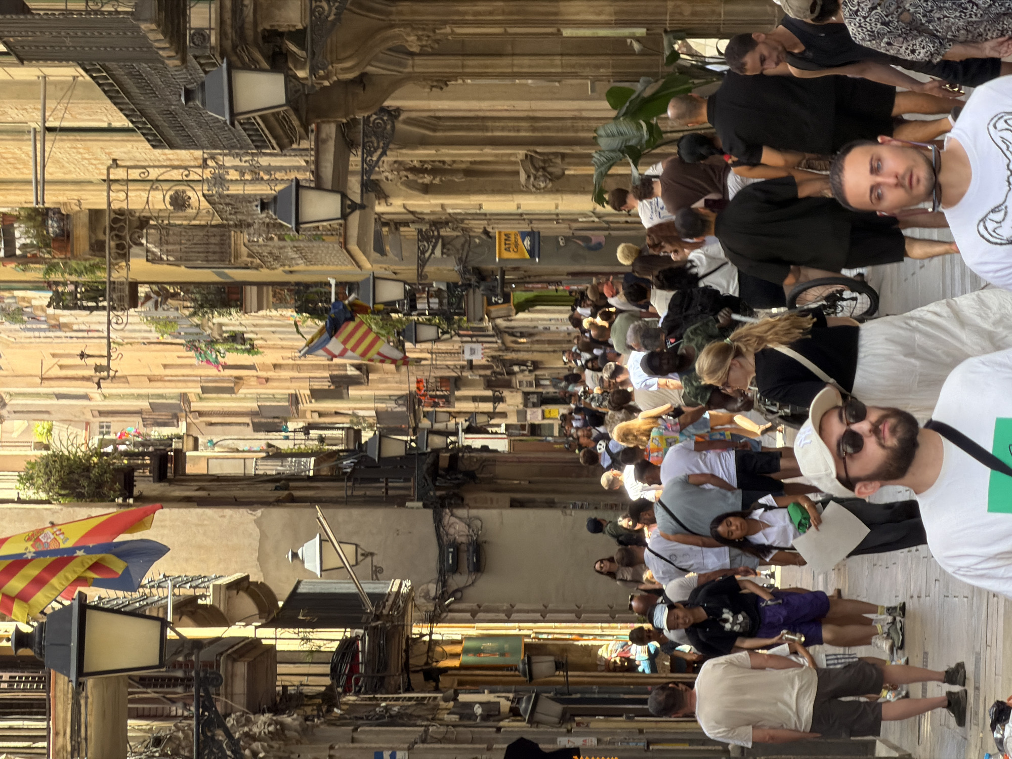 The image depicts a bustling, narrow street in Barcelona, Spain, likely within the Gothic Quarter or El Born district, characterized by tall, old buildings with balconies and ornate architectural details. A large crowd of diverse people, dressed in casual summer attire, are walking along the cobblestone street. Flags, including what appears to be the Catalan flag, are visible hanging from buildings. Street lamps are mounted on the sides of the buildings. Some individuals are holding items, such as a large piece of paper. The overall scene conveys a lively and tourist-heavy urban environment.