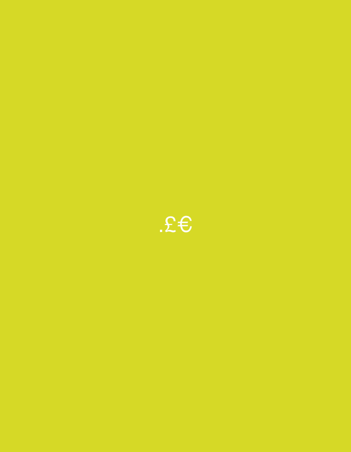 The image consists of a uniform, solid lime-green yellow background. Centered slightly below the vertical midpoint of the frame are three white characters: a period (.), followed immediately by a pound sterling symbol (£), and then a euro symbol (€). These characters are rendered in a clean, legible white font. No other subjects, objects, people, or actions are depicted within the frame. The environment is entirely monochromatic, with no discernible features beyond the uniform background color. The visual content of the image provides no contextual elements or identifiable landmarks to confirm a location within the city of Casablanca, Morocco, or any other specific geographical area.