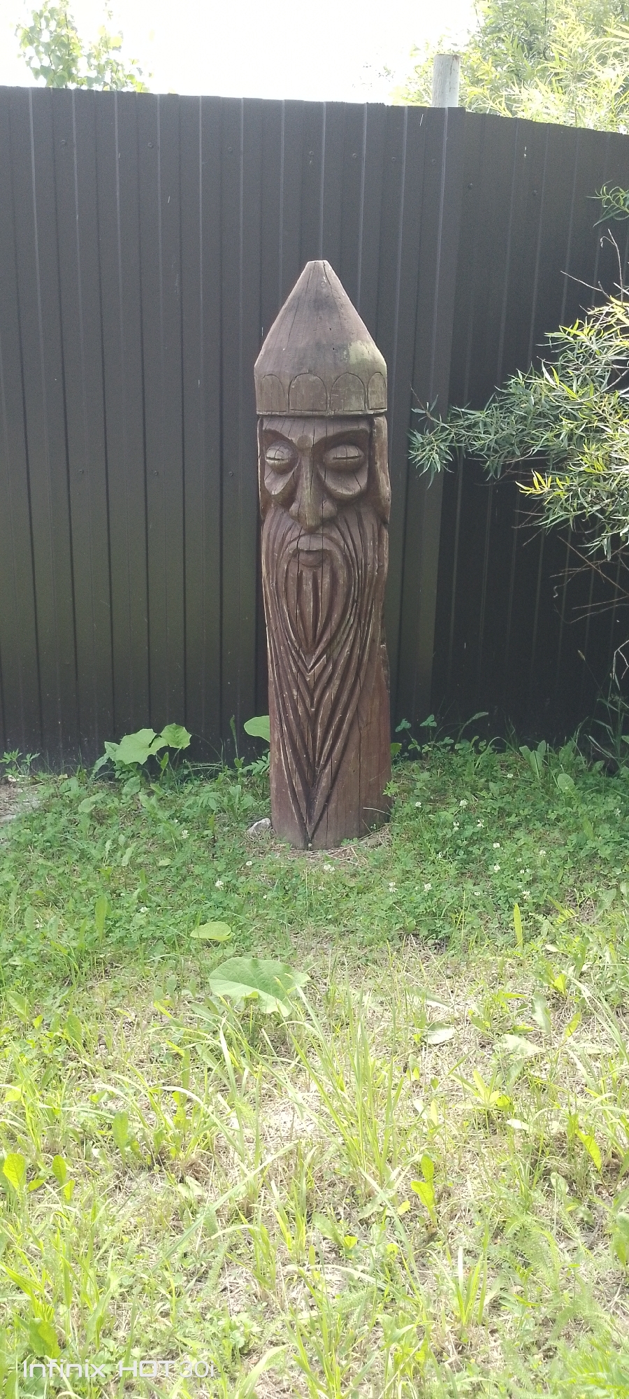 A wooden carving of a bearded man with a conical hat stands in a grassy area in front of a dark corrugated metal fence. The carving is roughly hewn and shows detailed features of the face and beard, with a crown-like band around the forehead. Green foliage and grass surround the base of the carving. The scene appears to be outdoors in a rural or suburban setting. The location is in Kedrovy, Russia.