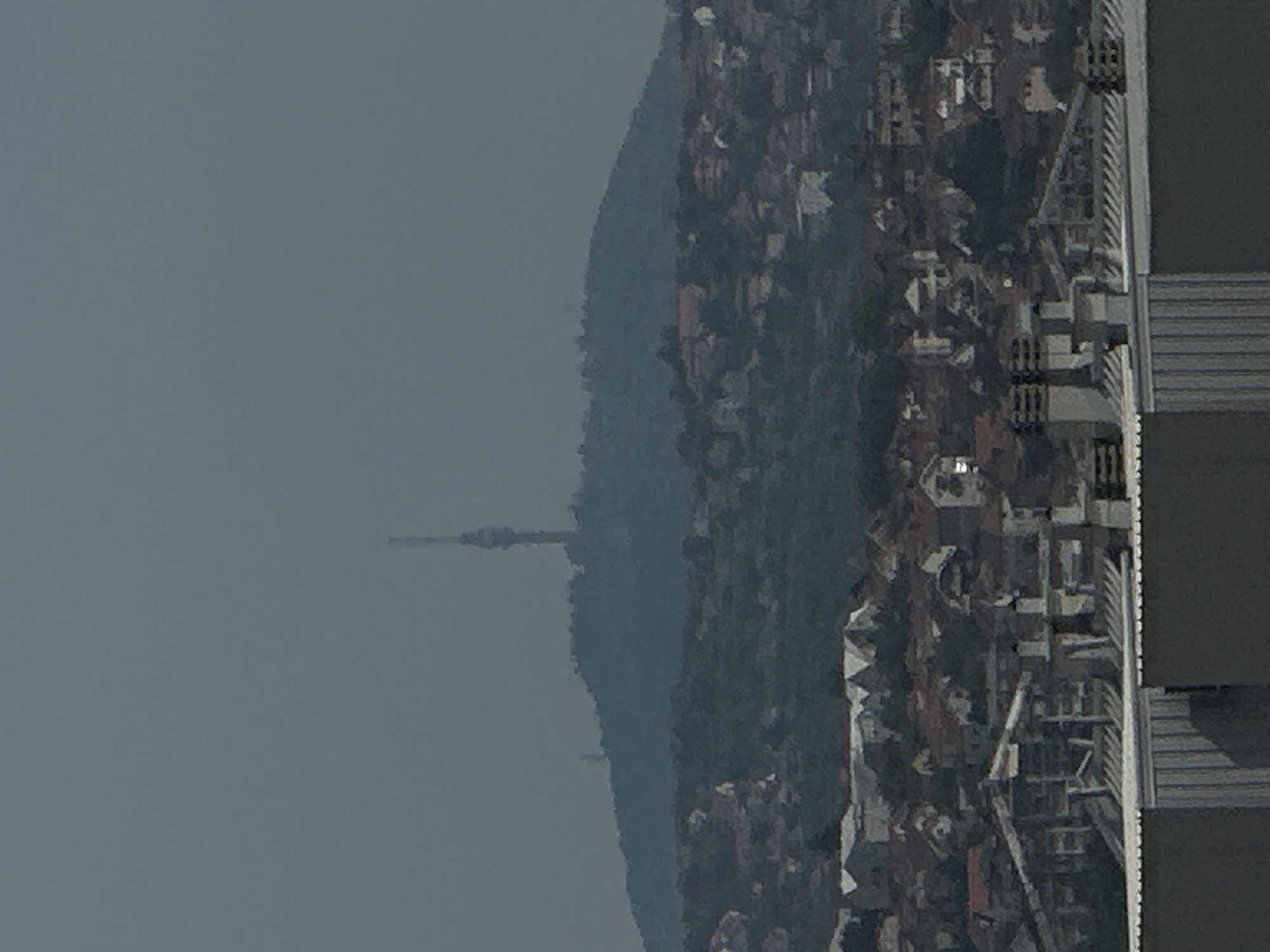 The image shows a distant view of the Avala Tower, a telecommunications tower located in the city of Belgrade, Serbia. The tower is situated on top of a hill, surrounded by trees and houses. In the foreground, there are several buildings with flat roofs, possibly industrial or commercial structures. The sky is overcast and hazy, giving the scene a muted and somewhat atmospheric quality. The overall impression is one of a sprawling urban landscape with a prominent landmark.