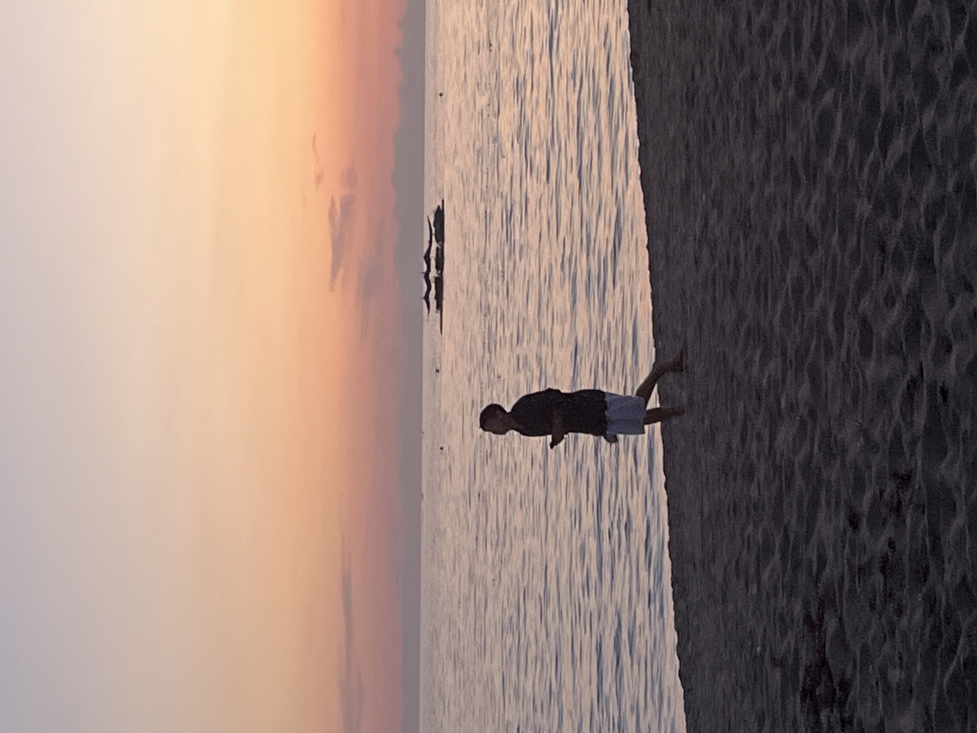 A vertical photo depicts a man standing on a sandy beach at dusk. The sunset sky is a gradient of pale orange and pink with wispy clouds. The water is textured with ripples, and some dark objects are visible in the distance. The man is wearing a dark shirt and light shorts, and he is facing towards the water. The beach appears dark and textured. The location is likely Alanya, Turkey, based on the landscape and general atmosphere.