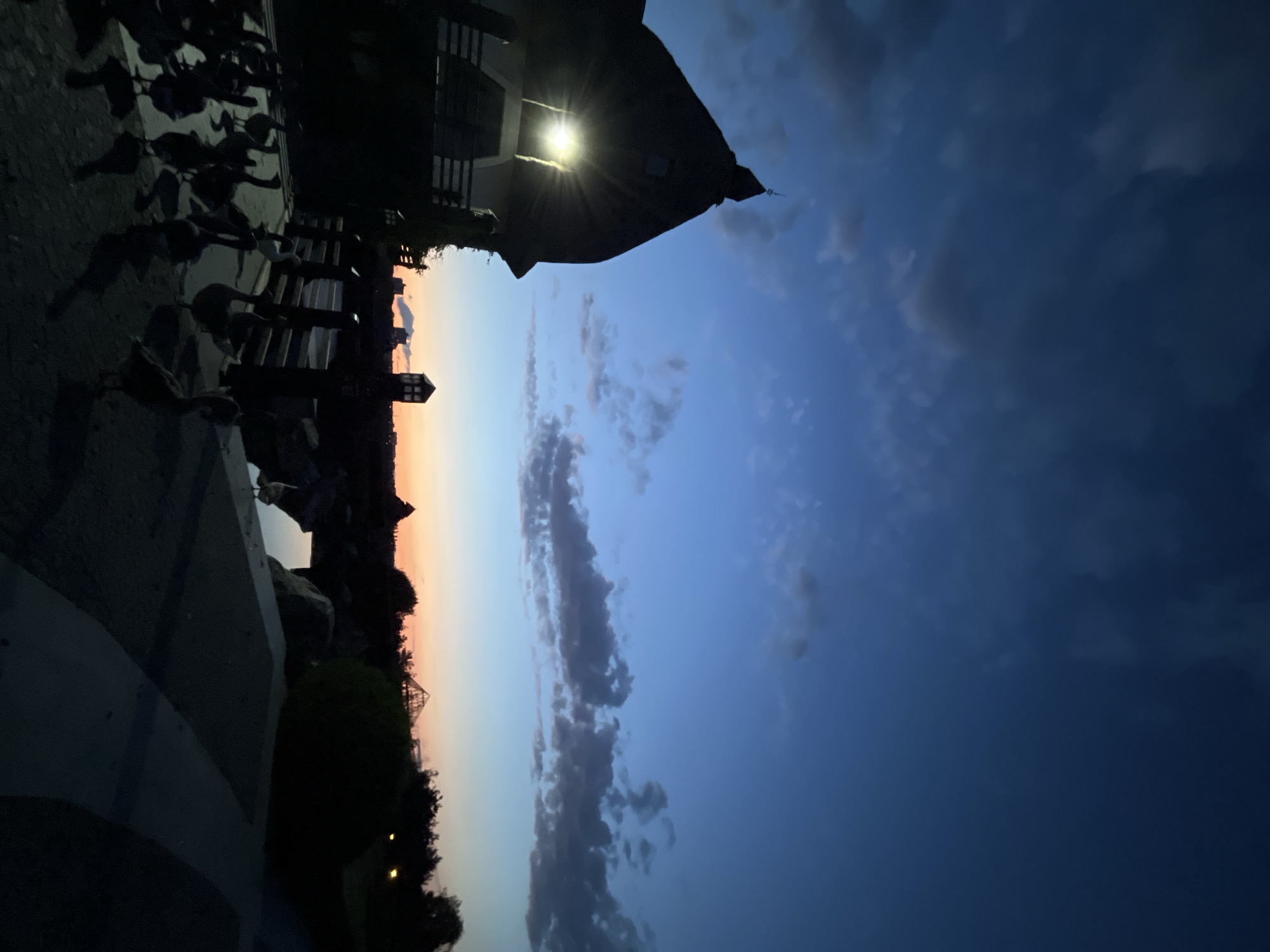 This media file depicts a silhouetted scene at dusk, with a warm gradient of orange and pink in the sky transitioning to a deep blue. In the foreground, a flock of birds, possibly pigeons, are gathered on a paved area beside a body of water. Several dark structures, including a building with a prominent light on its roof and railings, are visible. There are also lampposts along the waterfront and some lush green trees. The overall mood is serene and tranquil, evoking a sense of calm as day turns to night. The time of day is clearly sunset or twilight, given the sky's colors and the low light conditions. The location cues suggest an urban waterfront or park area.