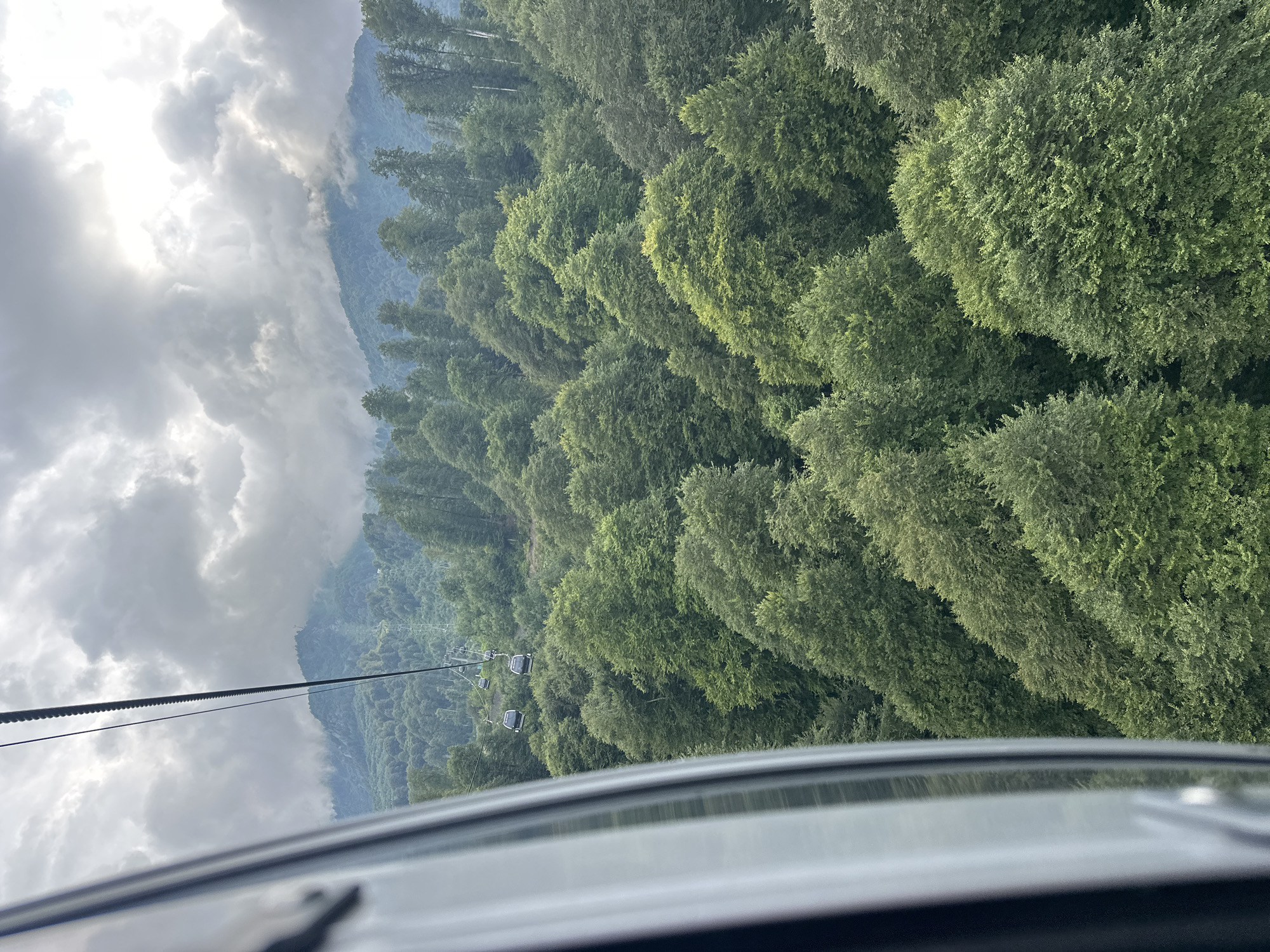 The image captures a view from a cable car ascending over a dense, lush forest in Estosadok, Russia. The forest, primarily composed of tall, green deciduous trees with rounded canopies, covers rolling hills that recede into misty mountains. The sky above is overcast with dramatic, dark clouds, some of which are breaking to reveal patches of bright sunlight. In the distance, a series of cable car cabins are visible on a thin cable, ascending the mountain. The foreground shows the interior of the cable car with a portion of its white structure visible on the left side of the frame, adding a sense of perspective and enclosure to the otherwise expansive natural landscape. The image evokes a feeling of a mountain excursion on a cloudy day.