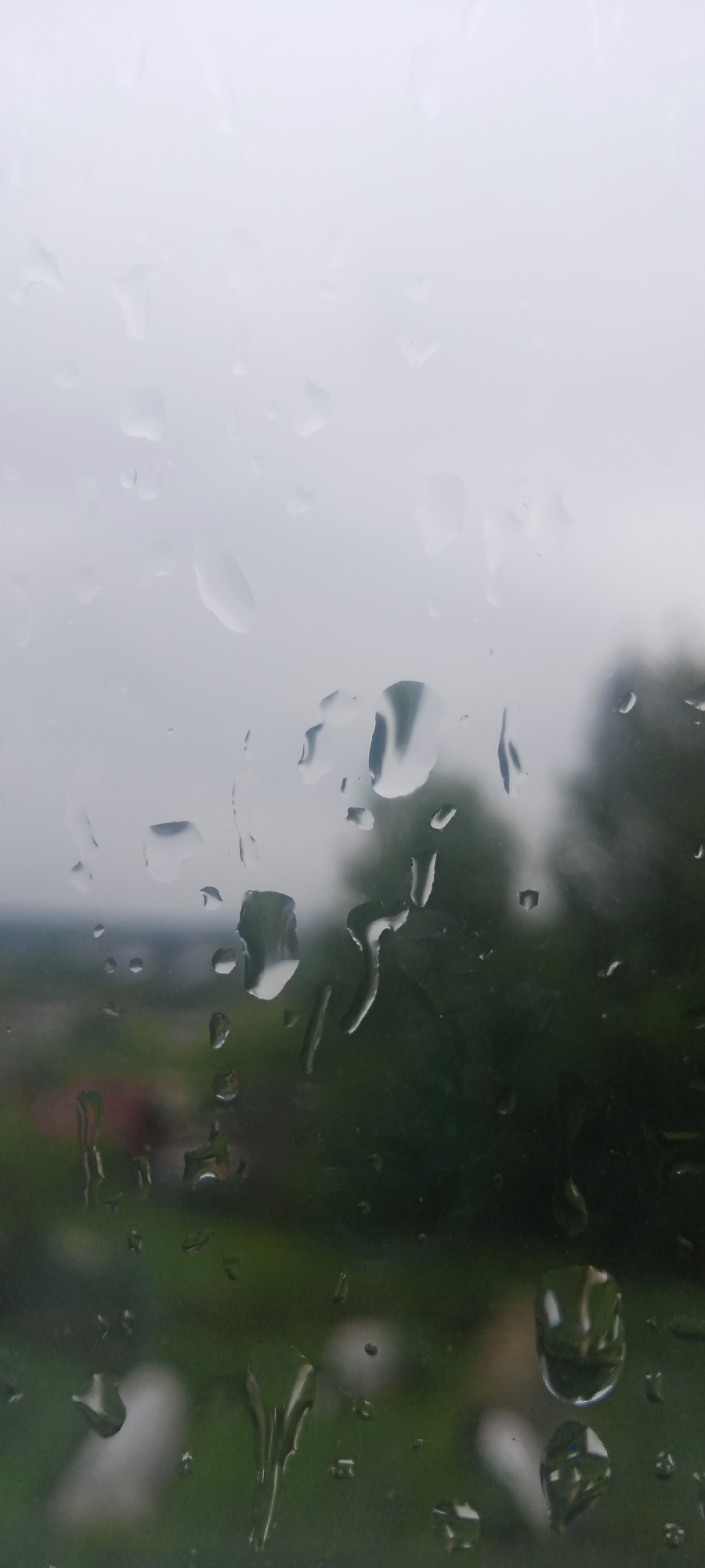 The image is a close-up, vertical shot of raindrops on a windowpane. The raindrops are varied in size and shape, with some appearing as small droplets and others as larger, elongated streaks, indicating they are running down the glass. The background is blurred, suggesting an outdoor scene viewed through the window. The blurred background shows a hint of green foliage, possibly trees and grass, and a muted sky that appears overcast or hazy. There are no people, specific objects, or actions clearly discernible. The overall impression is that of a rainy day viewed from indoors. The location is not determinable from the image itself, therefore it cannot be specified to be in Kudymkar, Russia.