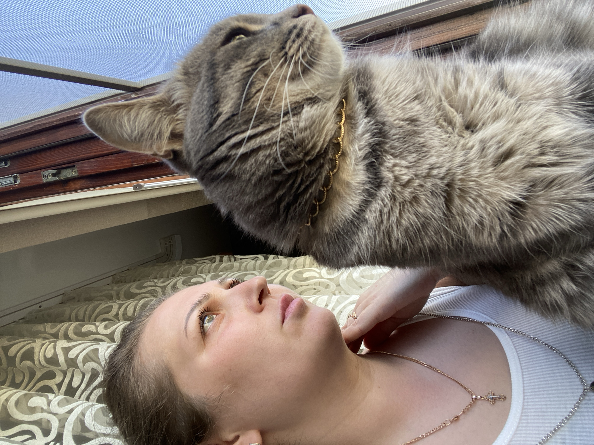 A woman is lying on a surface covered with fabric, possibly a bed, and looking up at a gray tabby cat. The cat is positioned above her, close to her face. The woman is wearing a white tank top and two necklaces, one gold and one silver. She is touching her neck with her right hand. The cat appears to be wearing a gold collar. Part of a window frame and a screen are visible in the background. It is unclear if the location is the city of Марковский, Russia.