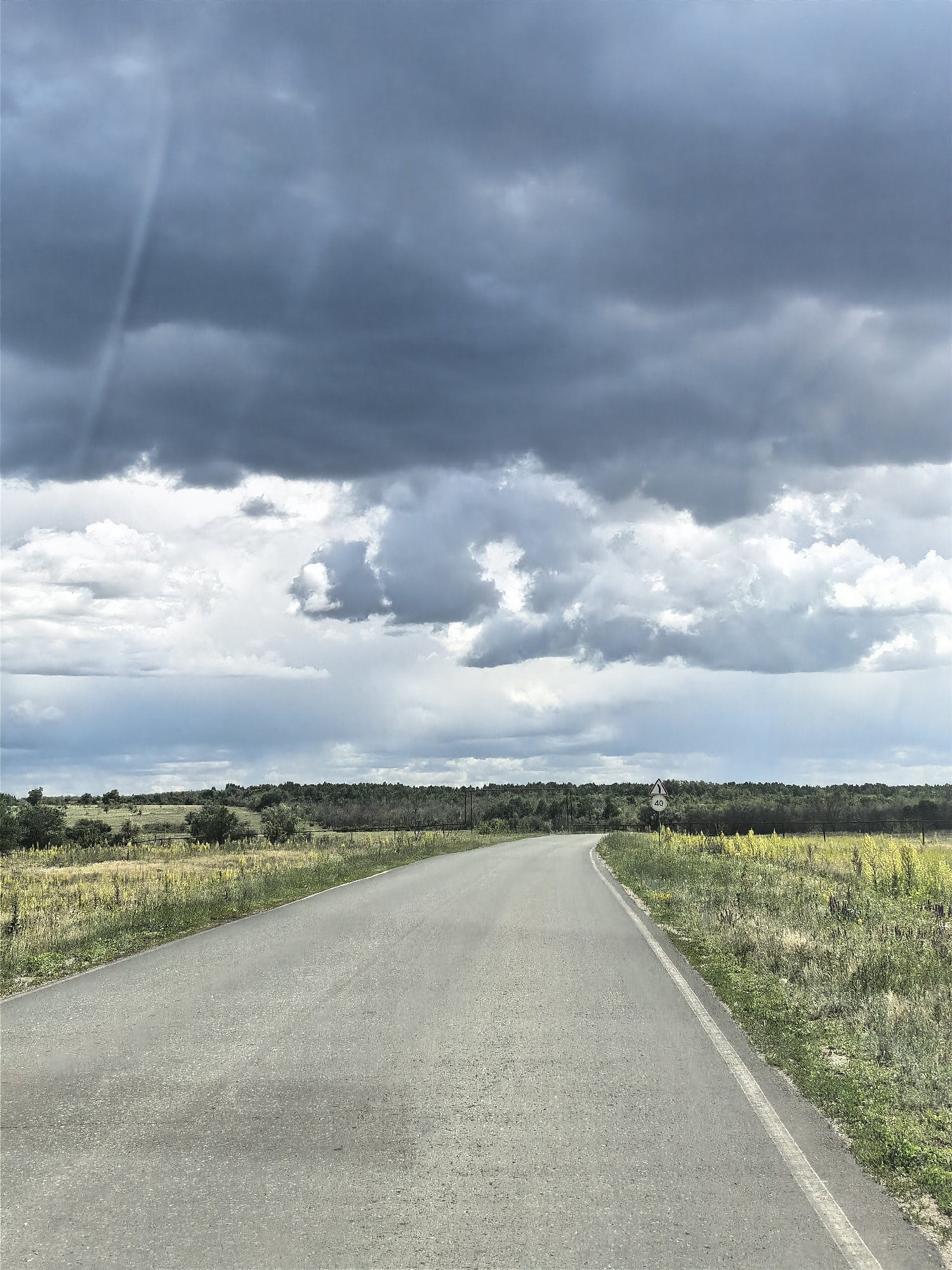 A desolate asphalt road curves into the distance under a dramatic, stormy sky. The clouds are dark and heavy, with shafts of light piercing through in places, hinting at an impending downpour. The roadside is overgrown with tall, dry grass and scattered yellow wildflowers, suggesting a rural or semi-rural setting. A white line marks the edge of the road, and a traffic sign with the number "40" is visible on the right side, indicating a speed limit. The landscape beyond the road is dotted with trees and appears to be a field or meadow. The overall impression is one of moody weather and a quiet, remote location. The image does not depict any people or specific structures that would indicate a precise location within the city of Vozrozhdeniye, Russia, other than the general context of a road through a natural landscape.
