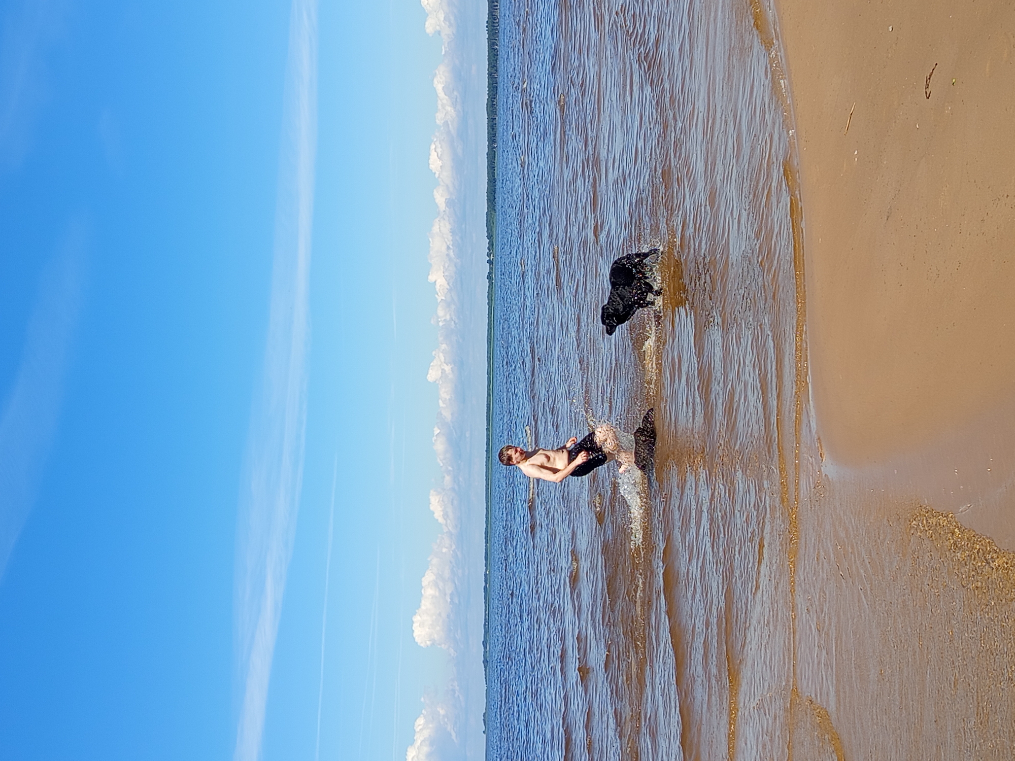 A shirtless person in black shorts stands in shallow water near the shore of a large body of water. They are splashing water, creating a spray around their legs. A black dog is in the water to the right of the person, facing them. The water is choppy with waves. The shoreline consists of sand. In the background, a distant tree line is visible on the horizon under a blue sky with scattered white clouds. The location is the city of Podborov'e, Russia.