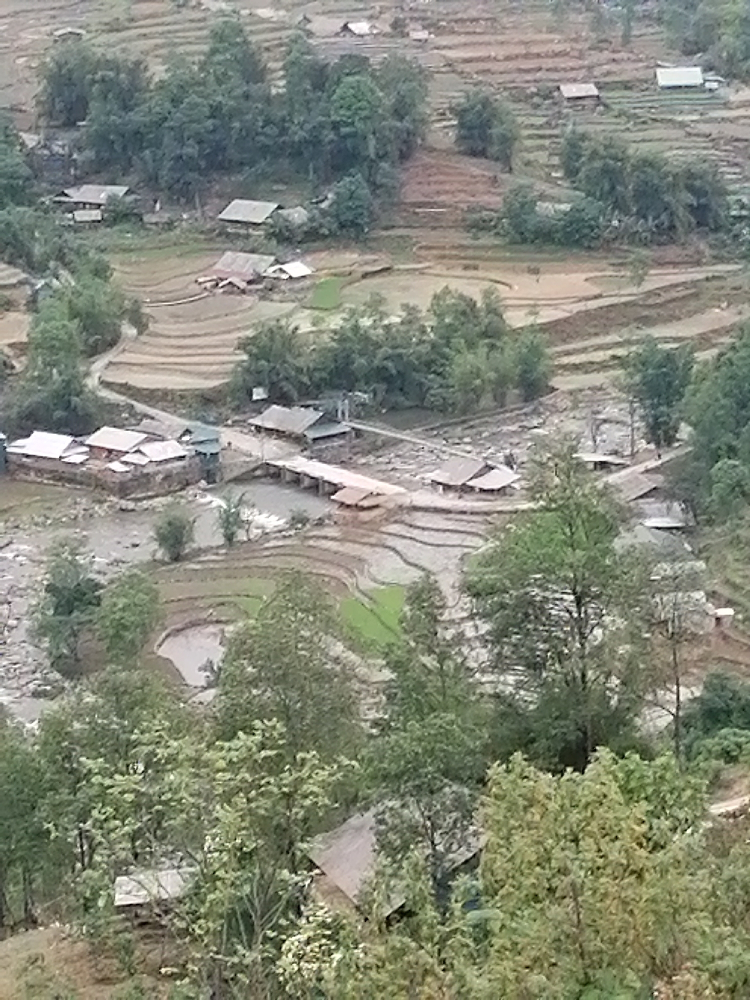 This is an aerial shot of Cat Cat Village in Vietnam. The foreground shows trees and vegetation, partially obscuring buildings with dark roofs. The midground contains buildings clustered along winding paths and rice paddies, some flooded with water. Further back, the terrain is terraced with agricultural fields. The overall scene appears overcast.