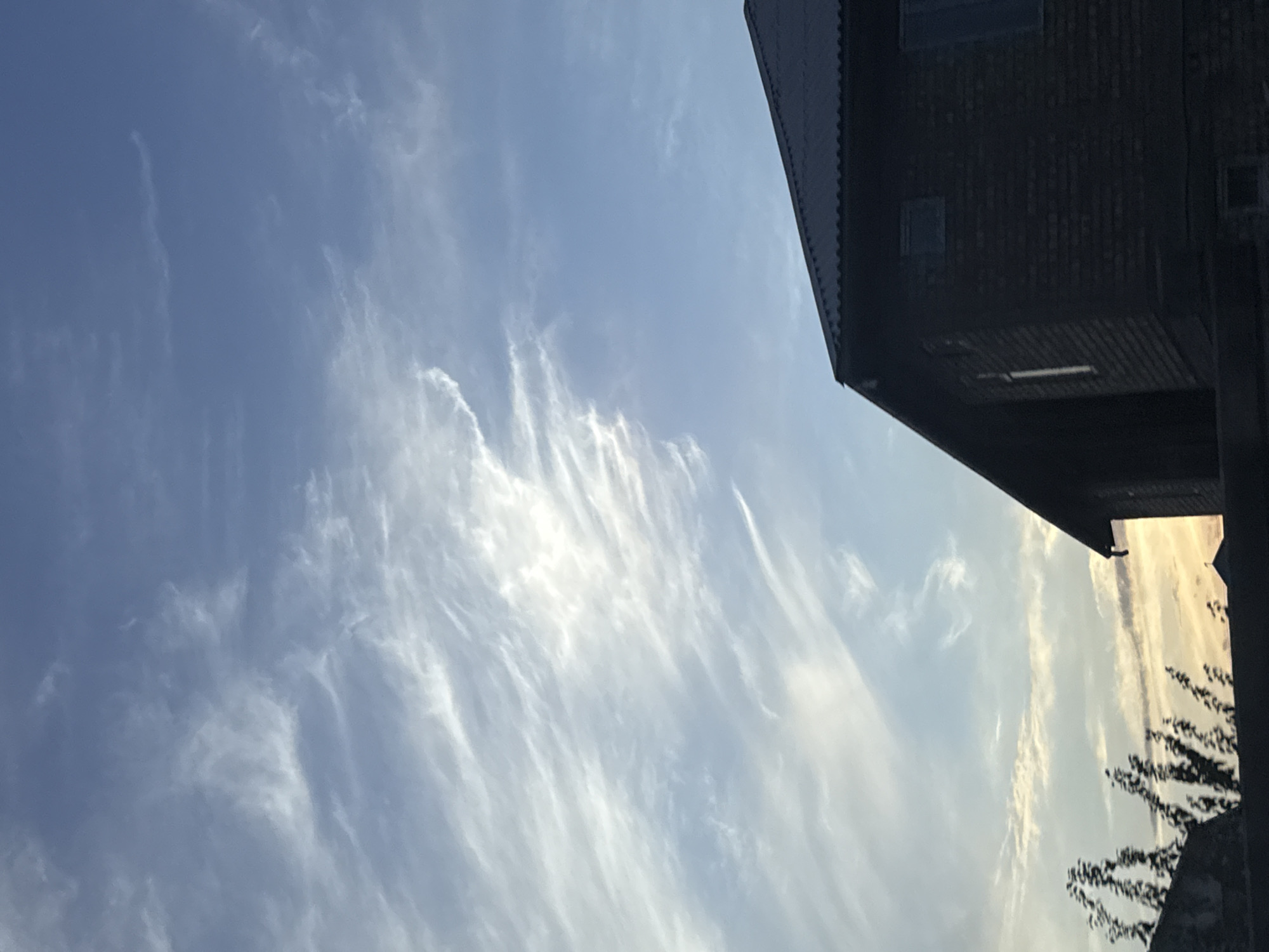 This is a vertical, medium-shot photograph taken outdoors. The image captures a view of the sky with wispy clouds and a portion of a dark-colored building. The building's roof is visible, appearing to be made of dark corrugated material, and its upper wall is dark brick. One window with a light reflection is visible on the side of the building. In the lower left corner, the tops of silhouetted trees are visible. The sky is predominantly blue with streaks of white clouds, some of which are illuminated by sunlight, suggesting it may be late afternoon or early morning. The overall impression is that of a building set against a sky with dramatic cloud formations. This scene is located in the city of Drujba, Kyrgyzstan.