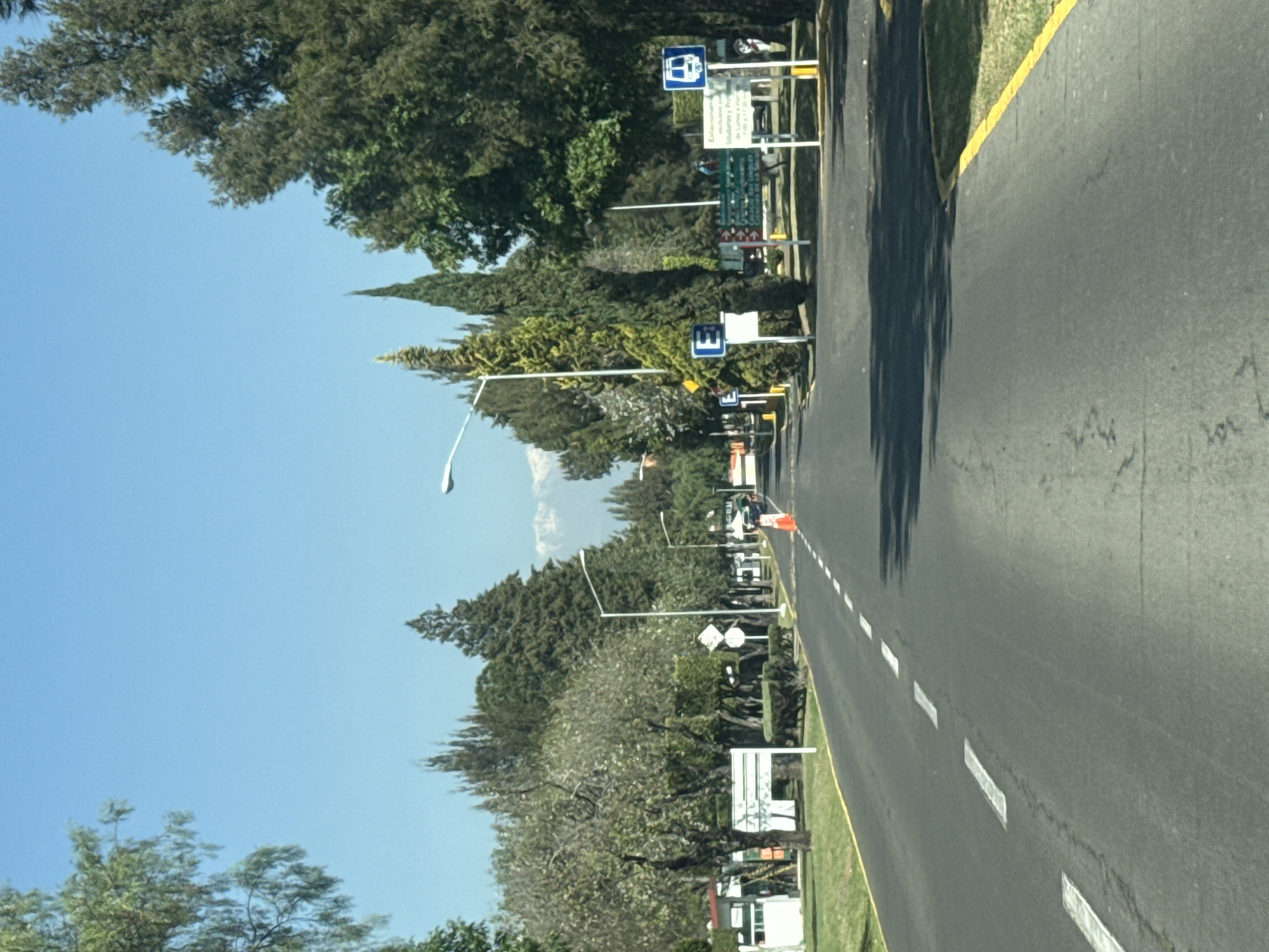 A street scene in San Andrés Cholula, Mexico, shows a paved road with white lane markings and yellow curbing on the right. Various signs with blue and white symbols are visible along the right side of the road, possibly indicating parking or transportation information. Trees line the left side of the road under a clear blue sky. A few vehicles and an orange cone are further down the road. The scene is captured with a slightly angled perspective.