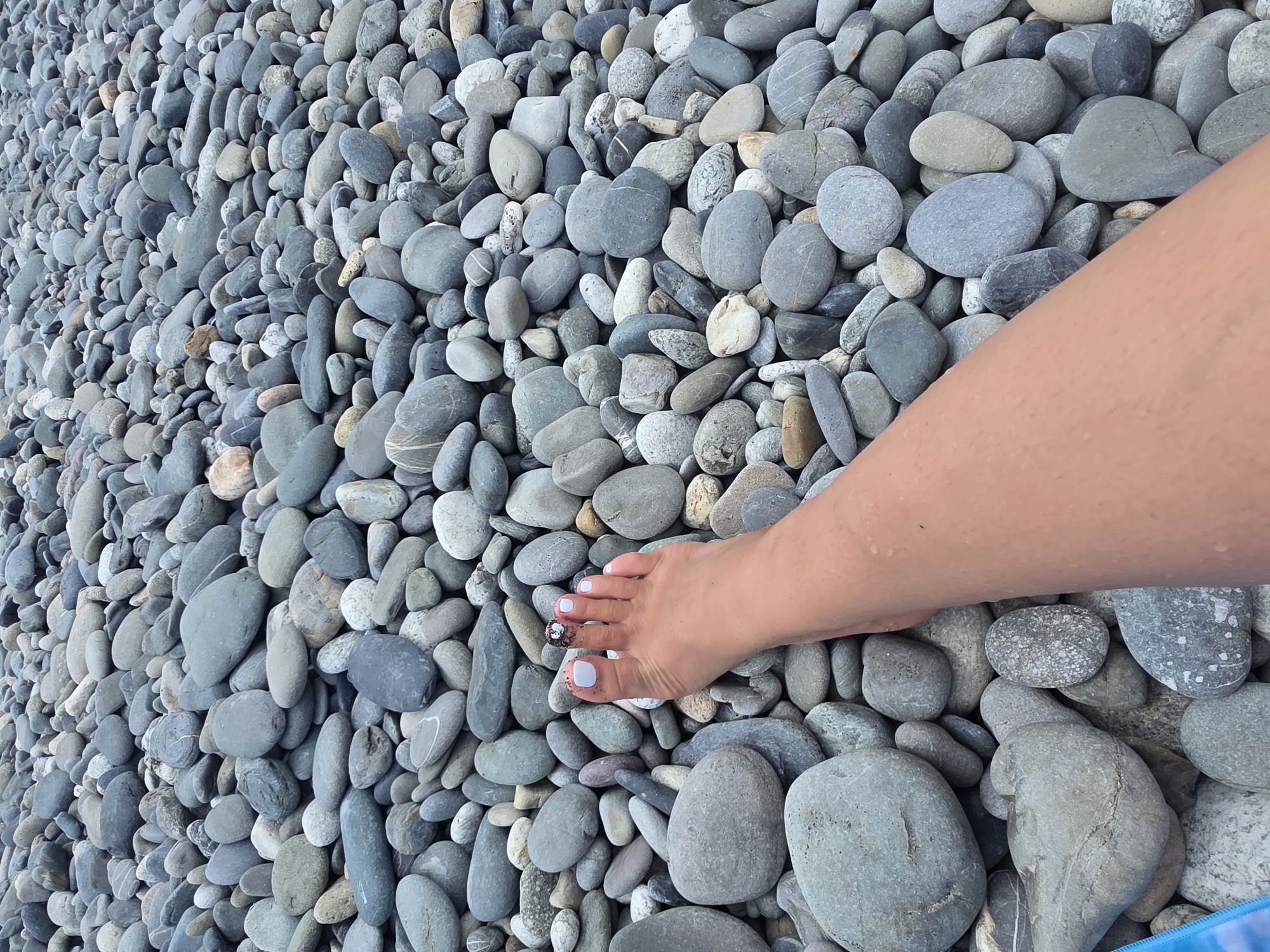 A person's leg and foot are visible in the foreground, resting on a densely packed beach of smooth, grey stones. The foot has light blue nail polish on the toenails. A small, dark object, possibly a shell or piece of debris, is on the big toe. The background consists of an expansive, textured expanse of the same grey stones. The location is the pebble beach of Sochi, Russia.