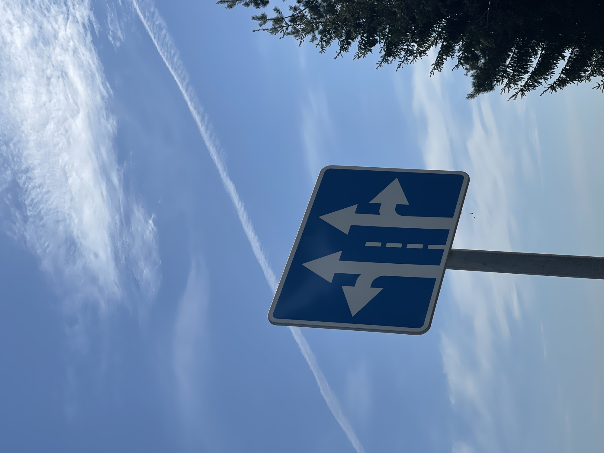 The image shows a blue and white road sign against a blue sky with contrails and some wispy clouds. The sign indicates that the road ahead has three lanes: one lane going straight, one lane turning left, and one lane turning right. The sign is mounted on a gray metal pole. The upper right corner of the image shows a branch of a coniferous tree. There is no evidence in the image to confirm or deny its location in the city of Перевозное, Russia. There are no people visible in the frame.