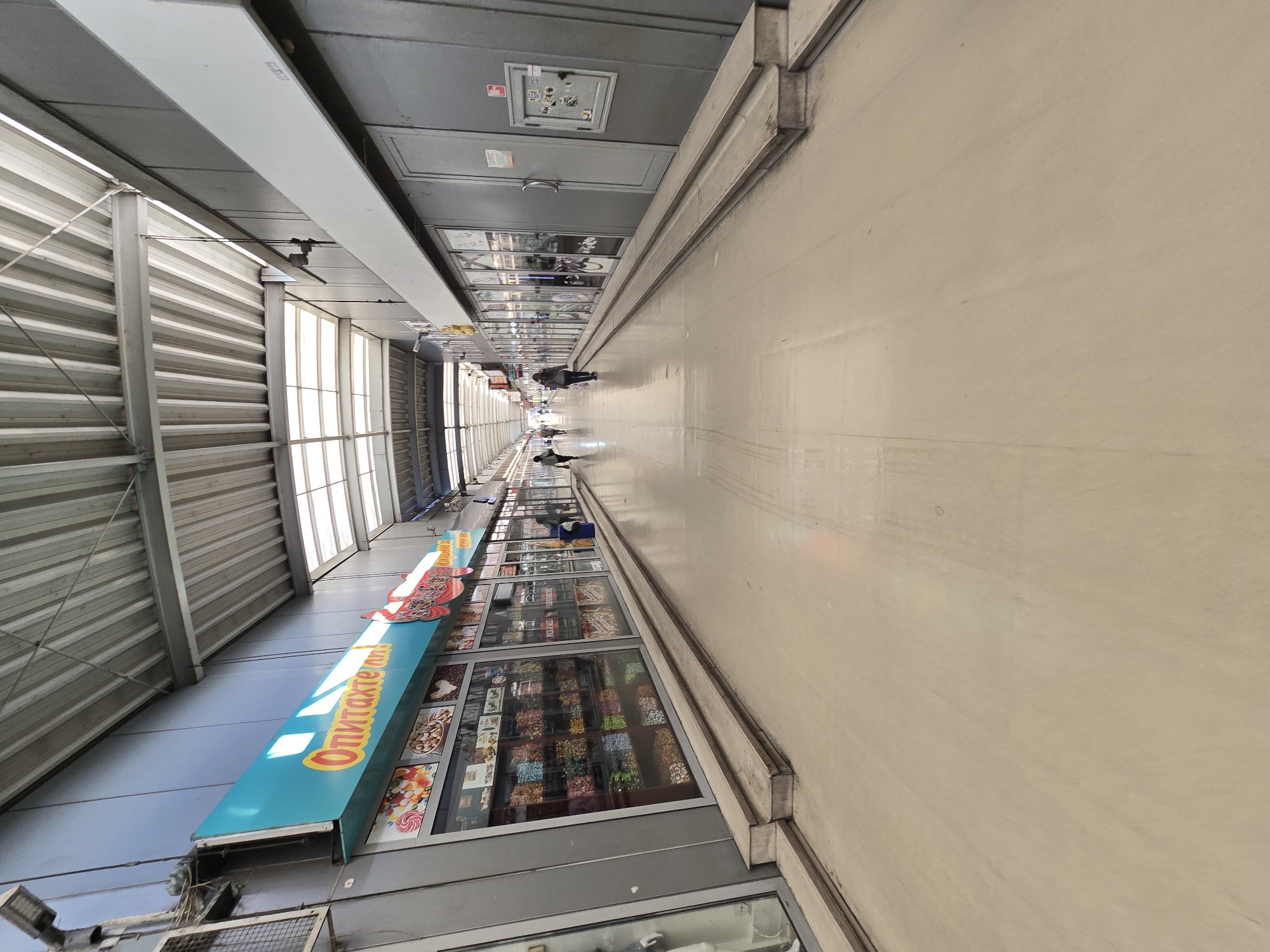The image depicts a long, narrow pedestrian walkway likely in an urban area of Unknown, Unknown, possibly an indoor or covered market or shopping center. The walkway stretches into the distance, with a series of storefronts lining the left side. The storefronts appear to be selling various goods, and the signs are in a language other than English. Overhead is a corrugated metal awning or roof, providing cover for the walkway.
Several people are walking along the walkway in the distance. The perspective creates a strong sense of depth, emphasizing the length of the walkway. The right side of the image is dominated by a high, plain wall. The lighting suggests a daytime scene, possibly under overcast skies, as the light appears diffused rather than direct.