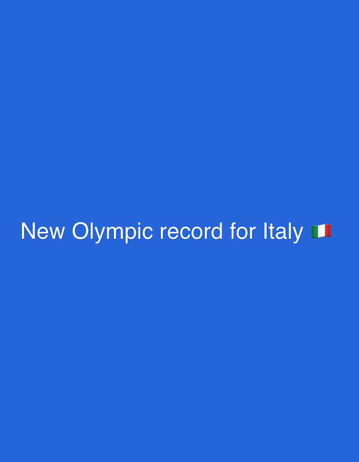 A blue background displays the text "New Olympic record for Italy" in white, with an Italian flag emoji adjacent to the text.