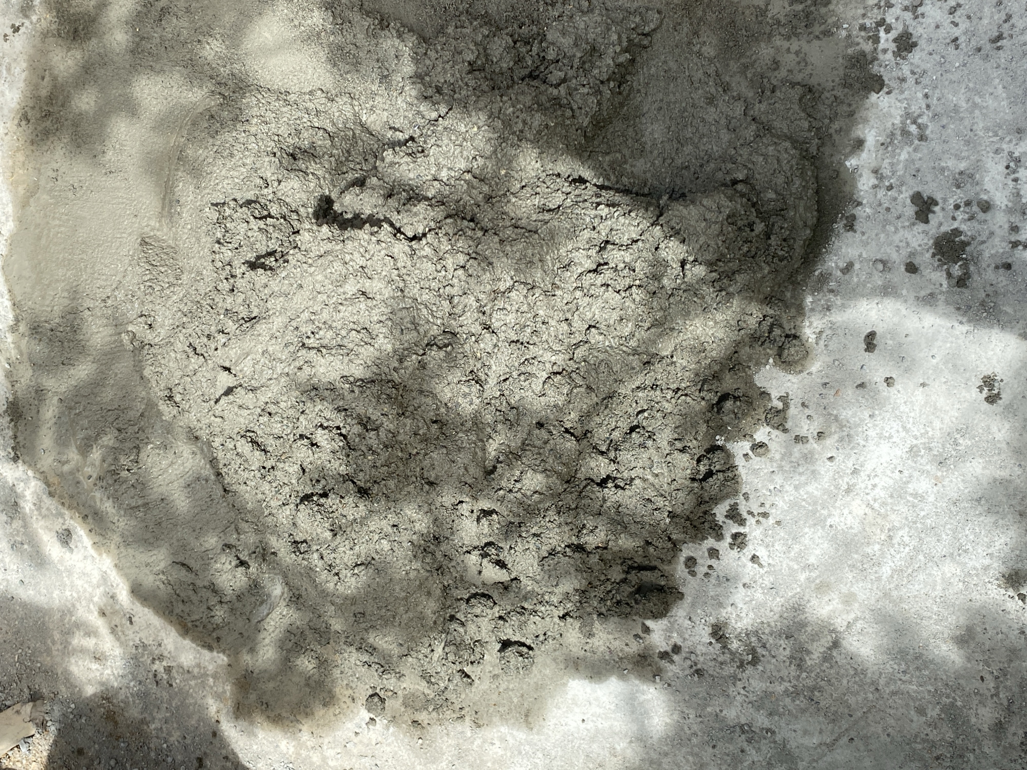 The image shows a pile of wet concrete on a light-colored, rough surface. The concrete is a grayish-brown color and has a lumpy, textured appearance. There are areas where water has seeped out, creating a wet sheen on the surrounding surface. The surface appears to be a concrete or paved area, possibly outdoors due to the dappled shadows from what could be foliage or structures overhead. There are no people or other distinct objects visible in the image. The lighting suggests it is daytime, with sunlight casting shadows across the scene. The overall impression is of a construction or renovation site.