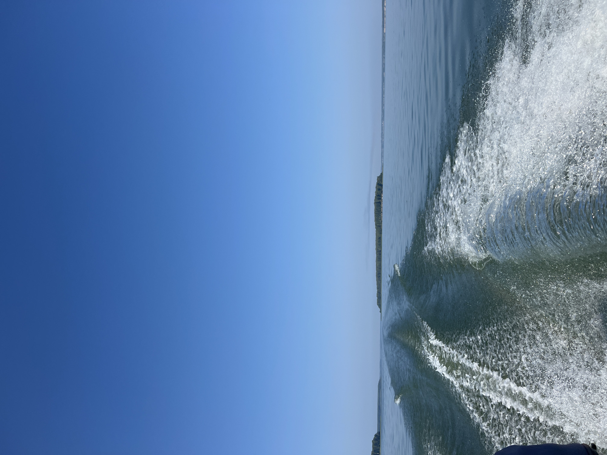 A wide shot captures a clear blue sky over a calm body of water, with a wake trailing behind a boat. The wake is frothy and white, indicating movement through the water. In the distance, a treeline on the horizon suggests land, possibly a shoreline or islands. The overall scene is serene and depicts a day spent on the water. The location is specified as Beregovoe, Russia.