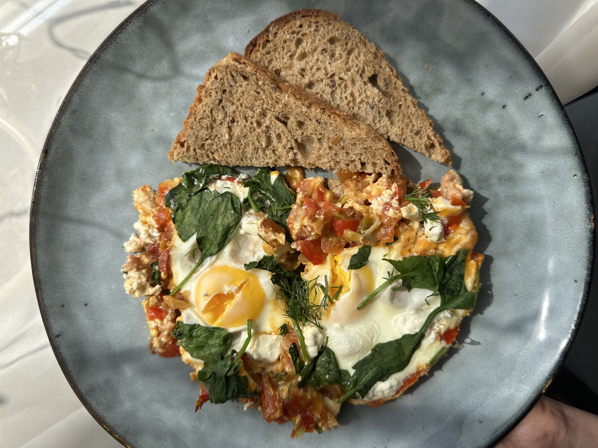 The image shows a plate of food consisting of two slices of whole wheat bread and a vegetable and egg dish. The egg dish is garnished with spinach and dill. The plate is a muted blue-gray color. A hand is partially visible holding the plate. The context does not provide any specific information to confirm this image was taken in Chaikovsky, Russia. There is no identifiable evidence to indicate it was taken in a specific location.