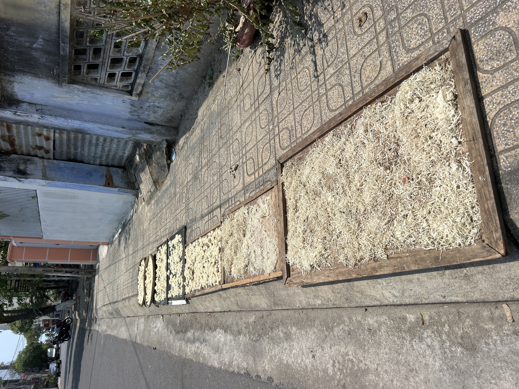 The image depicts an outdoor scene in Bắc Nha Trang, Vietnam, specifically on a section of sidewalk adjacent to a road. Several rectangular wooden trays, filled with what appears to be rice vermicelli noodles, are drying in the sun along the sidewalk. The trays vary in size, with the largest one closest to the viewer. The sidewalk is paved with interlocking patterned tiles. The street adjacent to the sidewalk shows some vehicular traffic. The background includes buildings and a concrete structure with decorative ventilation blocks. Vegetation is also visible in the upper left corner.