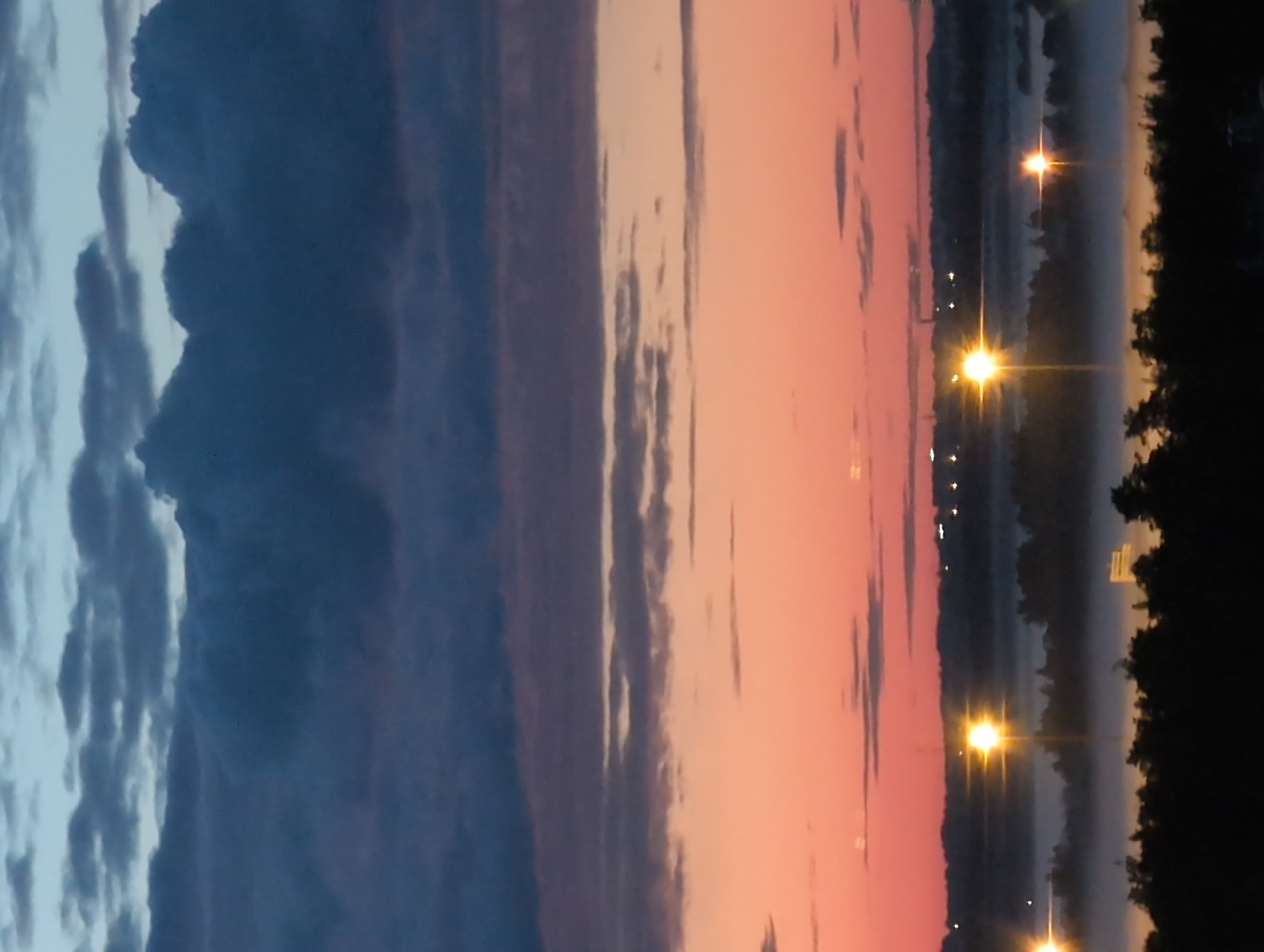 This image depicts a landscape scene with a prominent twilight sky. The sky transitions from dark blue and cloudy on the left to a soft pink and orange hue on the right, indicative of either sunrise or sunset. Below the sky, a dark silhouette of trees and a body of water, possibly a lake or river, can be seen. Several streetlights are visible in the distance, casting a warm glow and reflecting on the water. The overall atmosphere is calm and serene. The image appears to be taken during the twilight hours, given the sky's colors and the presence of artificial lights. No people or specific objects are clearly identifiable. The location context of Saint Petersburg, Russia, suggests this could be a view of one of its many waterways or parks during the transitional light of dawn or dusk. There is no visible text in the image.