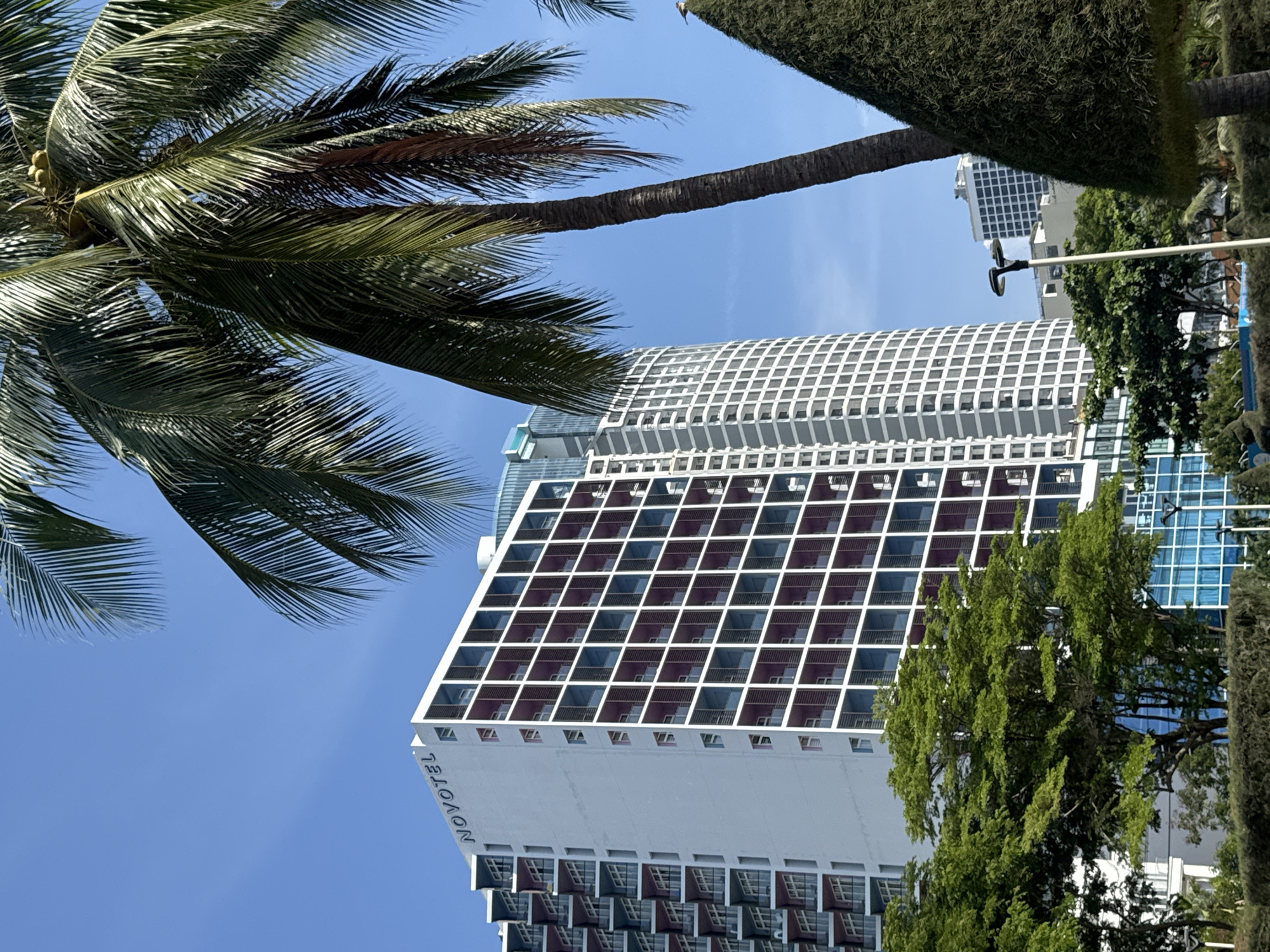 The image captures a view of the Novotel Nha Trang hotel and its surroundings on a clear day. The Novotel hotel, a tall white building with a grid of balconies featuring purple interiors, dominates the left side of the frame. To the right of the Novotel, another tall, white building with a patterned facade is visible. A mature palm tree with lush green fronds extends into the upper right quadrant of the image. In the foreground, the tops of manicured green hedges and trees are visible, suggesting a landscaped area. The sky is a vibrant, cloudless blue. The scene depicts a coastal urban environment, likely a resort area given the presence of the hotel and palm trees.