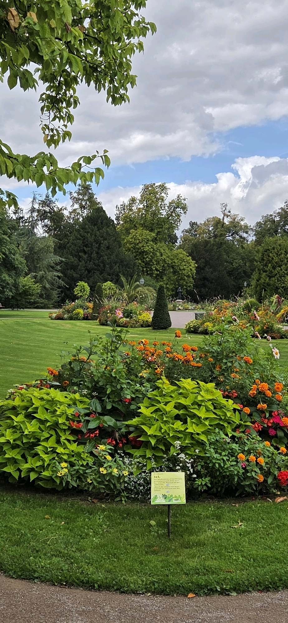 The image depicts a vibrant flower bed in a park in Strasbourg, France. The foreground is dominated by lush green foliage and a colorful arrangement of orange and red flowers, interspersed with smaller yellow and white blossoms. A small, yellow sign with French text stands in the grass in front of the flower bed, providing information about the garden. Beyond the flower bed, a well-maintained green lawn stretches towards a path and a dense backdrop of trees. The sky above is a mix of blue with scattered white clouds. The scene is serene and suggests a well-kept public garden.