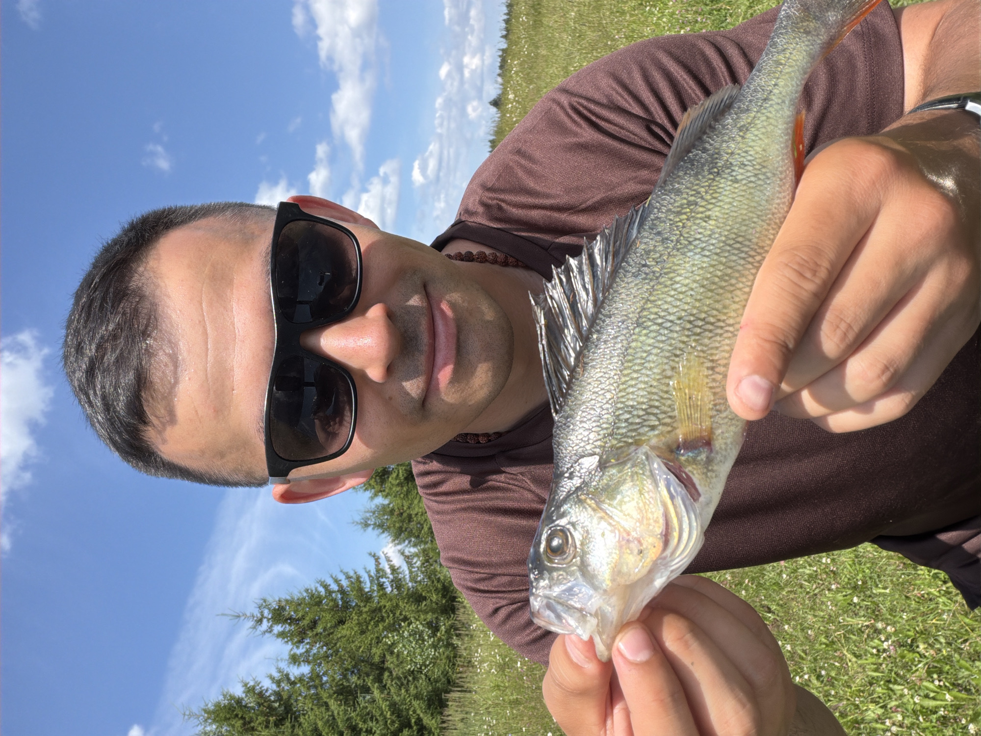 A man wearing sunglasses and a brown t-shirt holds a small, caught fish in his hands outdoors. The man's face is partially obscured by sunglasses. The fish, which is green and yellow with visible fins, is held horizontally in front of the man's chest. The background is a sunny, outdoor scene with a bright blue sky, white clouds, green trees, and a grassy field dotted with small white flowers. The location is identified as Podshivalovo, Russia.