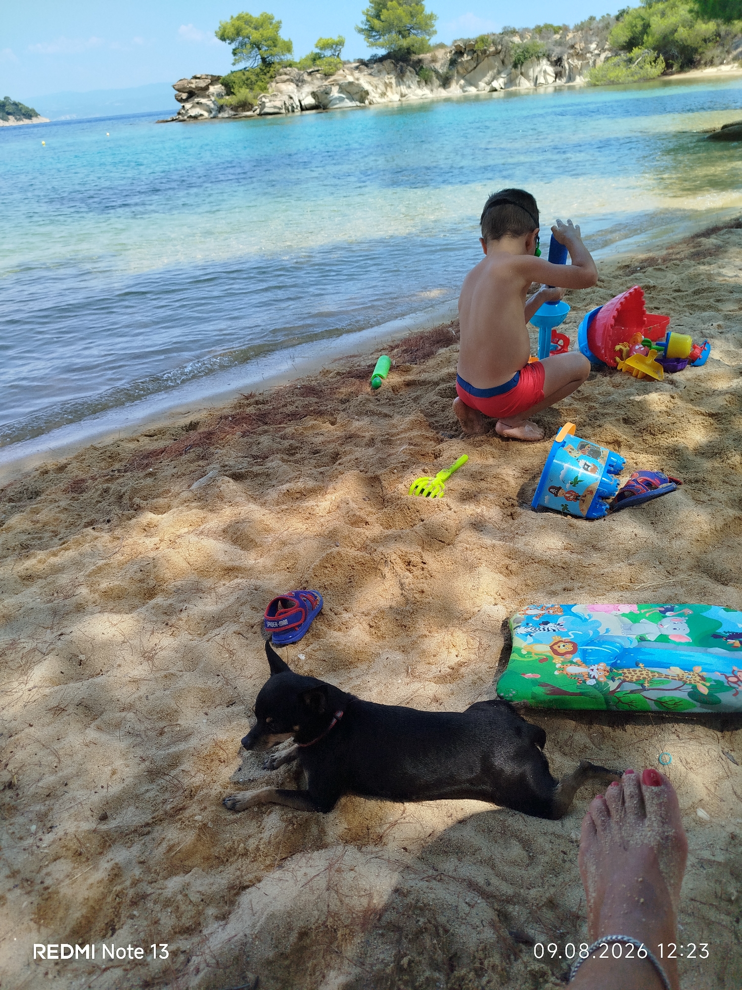 This image captures a sunny day at a beach in the Sithonia Municipal Unit, Greece. The foreground is dominated by golden sand, scattered with dried pine needles. A small, black dog is lying relaxed on the sand, with its head resting on its paws. To the right of the dog, a person's bare foot with red-painted toenails is visible, along with a silver anklet. In the background, a young boy is playing with a bucket and spade set on the sand, near the edge of the clear, turquoise water. Various colorful beach toys are scattered around the boy. The sea stretches out to the horizon, with small rocky islands covered in green vegetation dotting the water. The sky is a bright, clear blue. The overall scene depicts a peaceful and idyllic beach day.