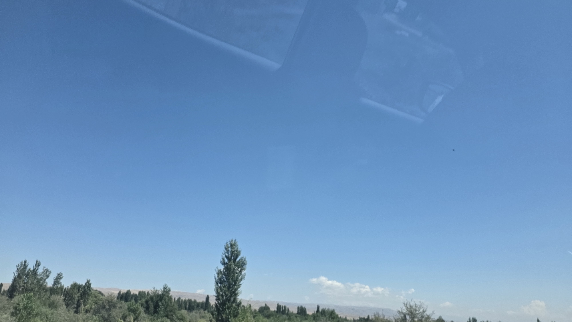 This is a photograph of a clear blue sky above a landscape of trees and distant hills. The reflection of a car's interior is visible in the upper portion of the sky. The lower half of the image shows a line of green trees, with a taller, slender tree standing out in the foreground. A few small white clouds are scattered across the horizon. There are no people visible in the image. The overall impression is one of a bright, sunny day.