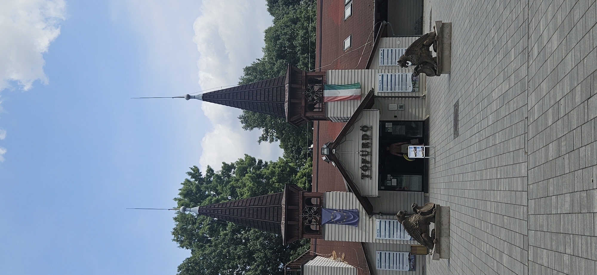 In front of a building with a sign reading "TÓFÜRDŐ", which translates to "Lake Bath" and is located in Hévíz, Hungary, stand two statues of griffins, one on each side of the entrance. The building has two prominent dark brown conical towers with lightning rods. A European Union flag hangs on the left tower, and a Hungarian flag hangs on the right tower. The building's facade is light-colored siding, with a dark brown roof. To the left of the entrance, there is a sign that appears to be a pricelist. Inside the entrance, a person wearing shorts and a t-shirt is visible, holding a yellow float. The ground in front of the building is paved with gray rectangular tiles. Trees and a cloudy blue sky form the background.