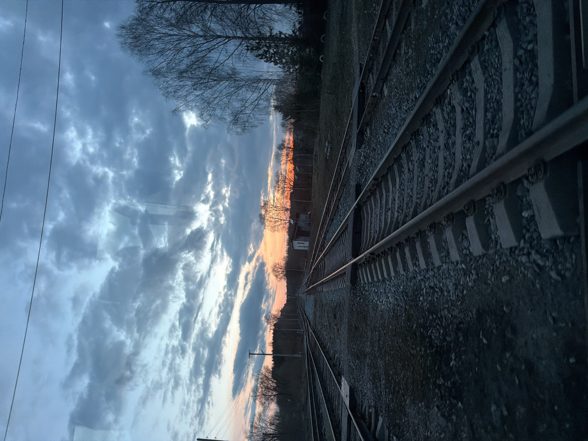 This image captures a serene landscape featuring a railway track receding into the distance under a dramatic sky, likely at either sunrise or sunset. The primary subject is a set of train tracks, comprised of steel rails laid on a bed of dark grey gravel ballast and supported by visible ties. The tracks converge towards the horizon, drawing the viewer's eye.
The sky is a prominent element, filled with dynamic cloud formations. Directly above, the clouds are a cool blue-grey, but towards the horizon, a striking band of warm orange and pink light signifies the sun's position, creating a strong contrast with the cooler sky tones. Bare-branched trees, typical of late autumn or winter, line both sides of the railway, silhouetted against the bright horizon. To the left, a single dark power line or communication wire runs vertically through the frame.
In the far distance, a small, light-colored structure, possibly a small building or utility box, is faintly visible amidst the trees. The scene is devoid of people or active events, conveying a sense of quiet stillness. The overall atmosphere is contemplative and emphasizes the vastness of the sky and the linear perspective of the railway. There is no visible text in the image. The setting suggests a rural or semi-rural area, consistent with the provided location context of Kvarsa, Russia.