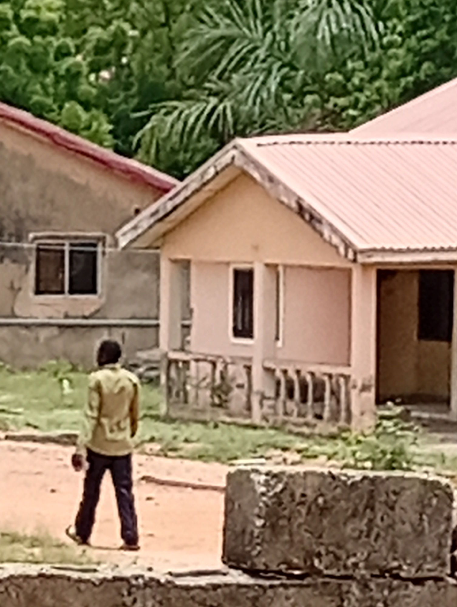 The scene is in Adankolo, Nigeria. A person in a yellow shirt and dark trousers walks away from the viewer on a dirt path. To the right is a single-story building with a light-colored exterior, a corrugated metal roof, a porch with decorative columns, and an open doorway. To the left is another building with a window. There is green foliage in the background. A large, rectangular concrete block is in the foreground.