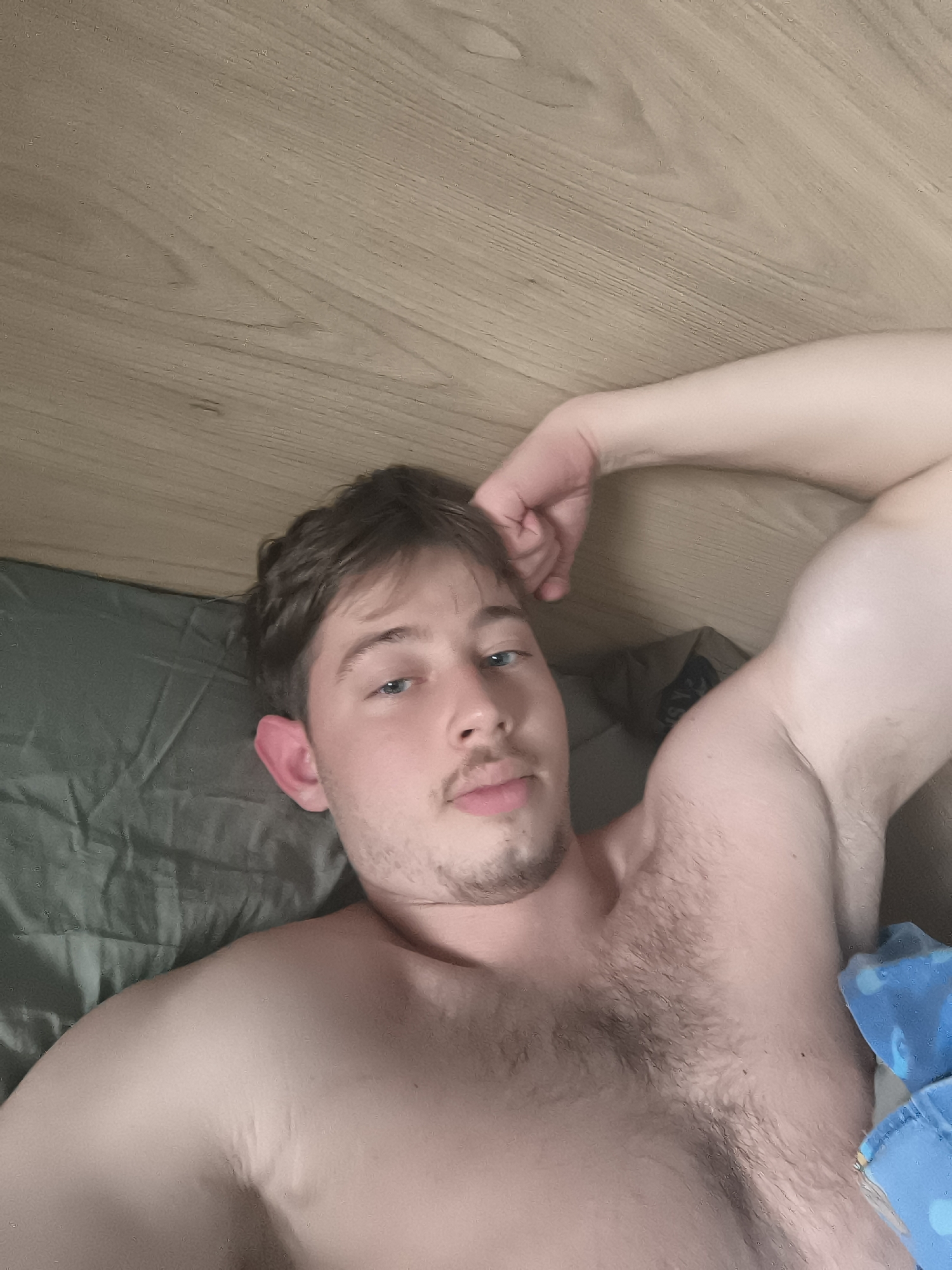 A young man, likely in his late teens or early twenties, takes a close-up selfie while lying down indoors, presumably in a bedroom or sleeping area in Sofia, Bulgaria. He has light skin, blue eyes, short brown hair, and stubble on his chin and a thin mustache. He is shirtless, revealing visible body hair on his chest and underarm, and a muscular bicep on his left arm, which is bent with his hand near his head in a relaxed pose.
The man's head rests on a dark green, textured fabric, which covers the lower left portion of the image. A light brown wooden surface, resembling a headboard or wall paneling, occupies the upper half and right side of the frame, indicating an indoor setting. A small portion of a blue patterned fabric, possibly a blanket or clothing item, is visible on the far right.
He looks directly into the camera with a neutral to slightly contemplative expression, his lips slightly parted. The lighting is soft and ambient, characteristic of an indoor environment without direct sunlight. No specific time of day or weather conditions are discernible from the image. There is no visible text present. The scene conveys a personal and casual moment.