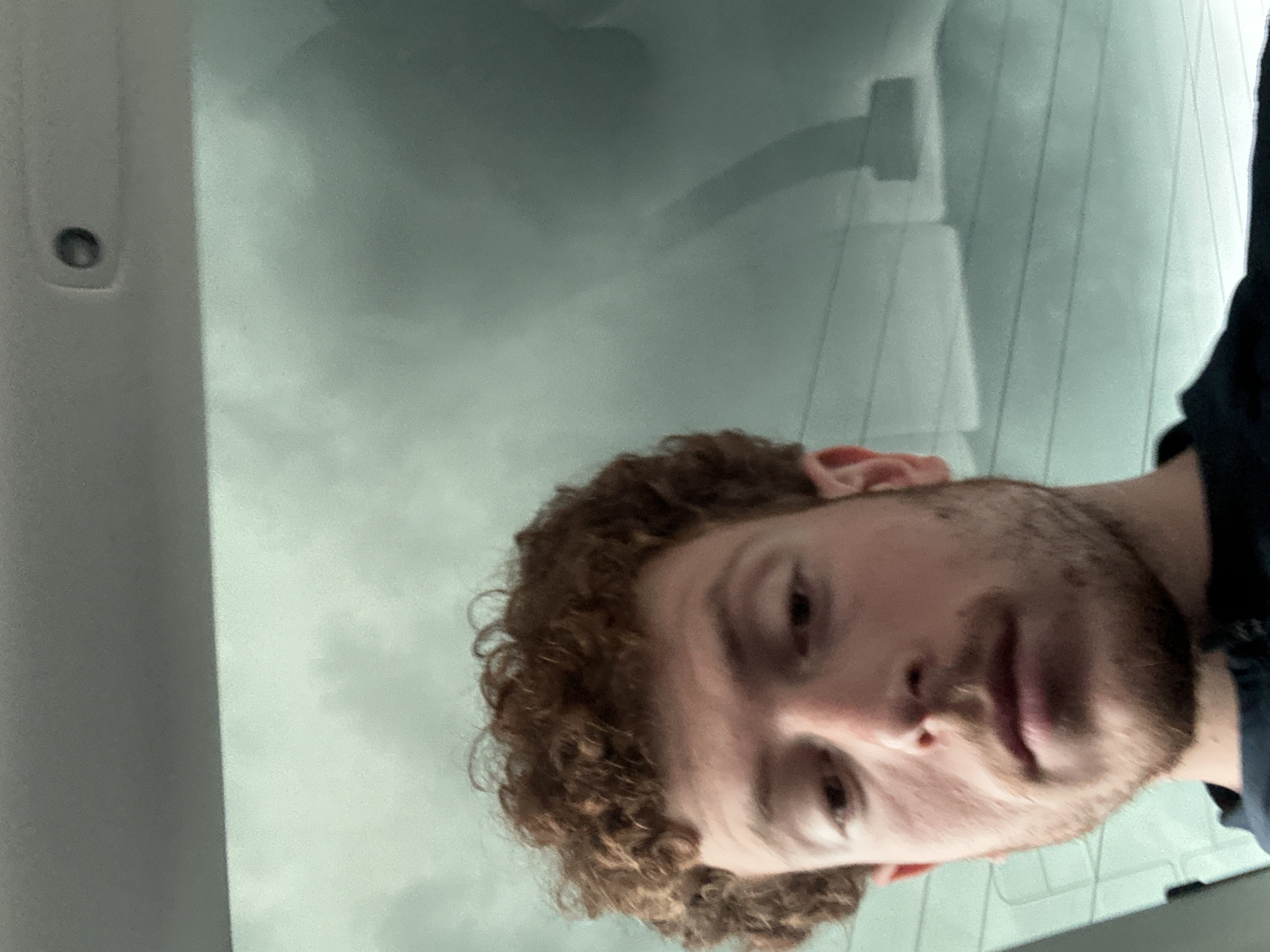 A selfie photograph shows a fair-skinned male with curly brown hair and a beard, facing the camera with a slightly downward gaze. The background appears to be the inside of a car, with the car's headliner visible on the left and the rear window showing the sky and some blurred objects. The location in Beachwood, United States of America, cannot be determined from the image.