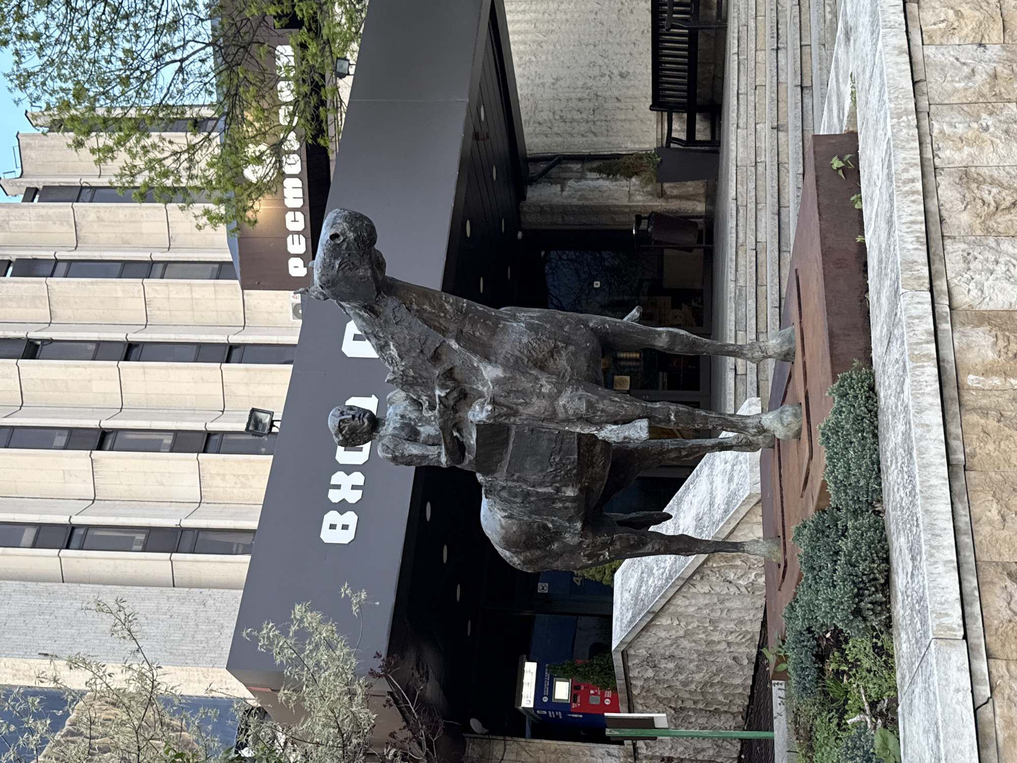 The image displays a large, dark bronze-colored sculpture of two stylized figures on horseback. The sculpture is positioned in what appears to be a public outdoor space, set against a modern building that is visible on its side due to the image's 90-degree clockwise rotation.
The sculpture features a horse with two human-like figures – one appearing to ride, and another positioned alongside the horse, possibly holding an object. The artwork has a rugged, textured finish and rests on a low, dark base with small green plants growing from it.
The adjacent multi-story building, appearing sideways, exhibits light-colored horizontal bands and dark-framed windows. A dark, angled section of this building's facade features large white Cyrillic letters, also rotated, spelling "РЕСТОРАНТ B & C," indicating a restaurant.
The scene is captured during daytime under a bright sky. Green trees with delicate foliage are visible, partly obscuring the upper sections of the building. The ground and surrounding structures include various light-colored stone walls and textured surfaces. Bushes and greenery are planted around the sculpture's base and along the building's foundation. A dark outdoor bench with a metal frame is partially visible near what would be the building's entrance if upright. The environment combines contemporary architecture with a prominent artistic installation, located in Sofia, Bulgaria.