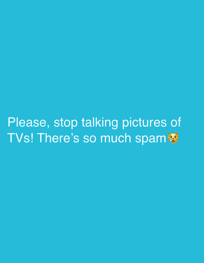 The image is a digital graphic with white text against a teal background. The text reads: "Please, stop talking pictures of TVs! There's so much spam". A small emoji of a cat face with pleading eyes is at the end of the text. There is no indication of location, people, actions, or interactions.